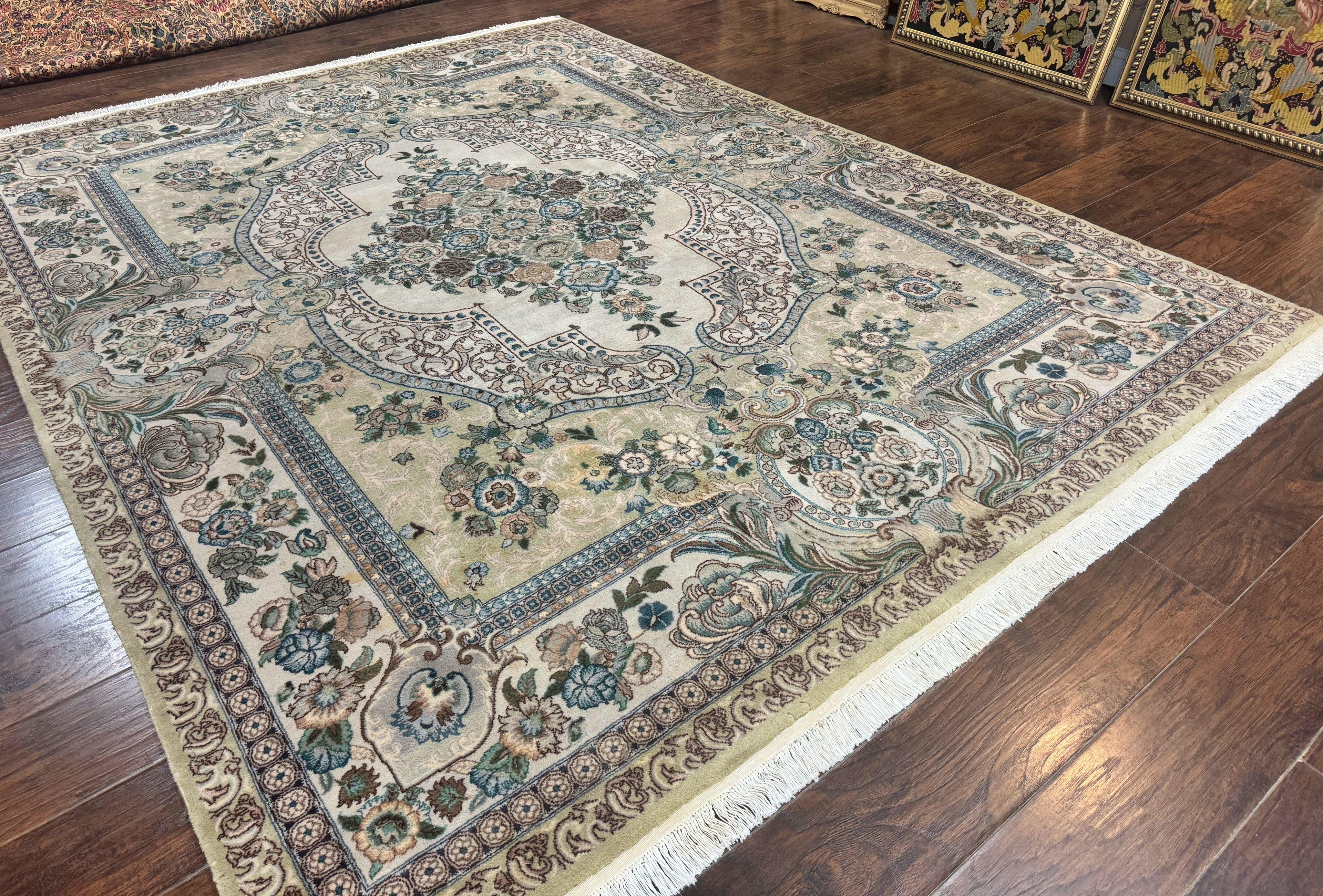 Pak Persian Rug 8 x 10.6, Elegant Oriental Carpet, Floral Medallion, Vintage Handmade Wool Rug, FIne 240 KPSI
