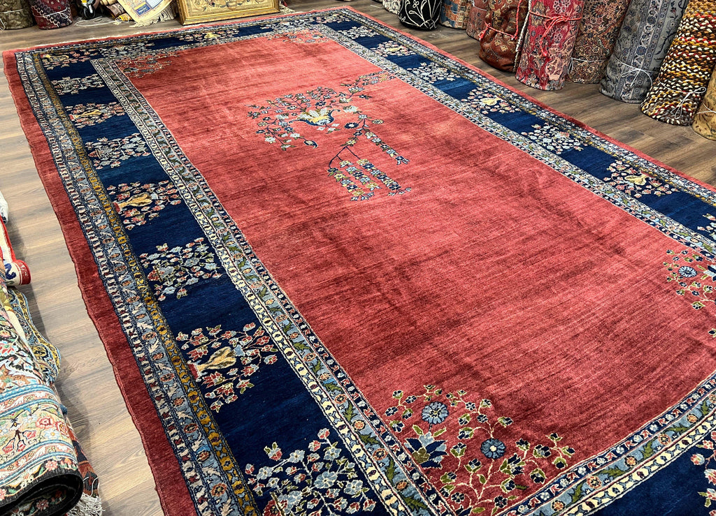 Large Persian Sarouk Rug 10x17, Open Field, Red and Navy Blue, Palace Sized Oversized Hand Knotted Wool Oriental Carpet Flowers Vases Antique 1920s