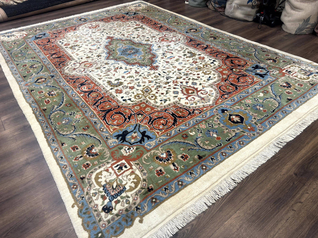 Indo Persian Rug 9x12, Ivory Red Green, Traditional Oriental Carpet
