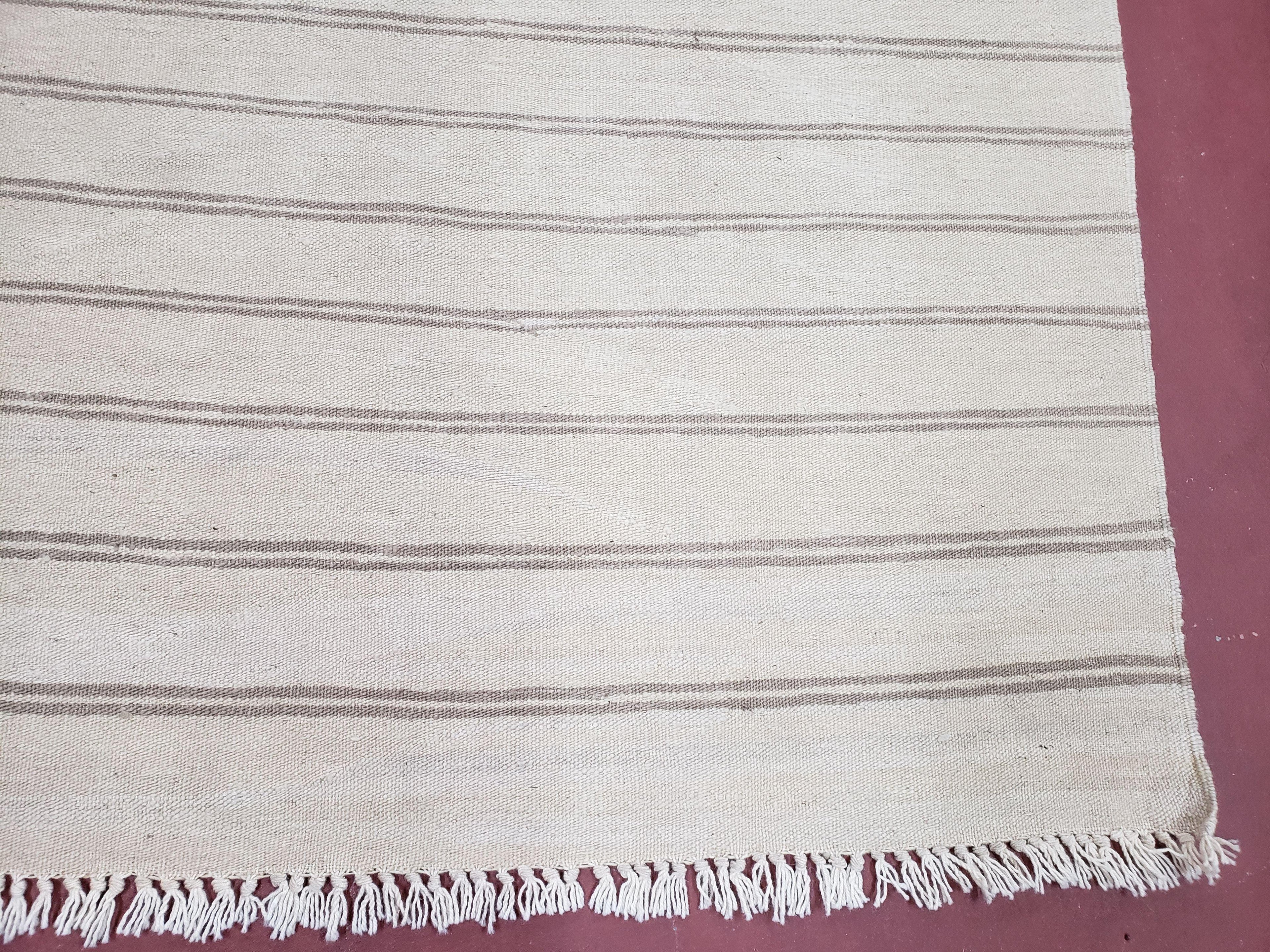 New Striped Turkish Kilim Area Rug 4x6 ft, Hand-Knotted, Wool, Light Gray, Earth Tone Decor, Flatweave Kilim, Two Toned Rug, Southwestern