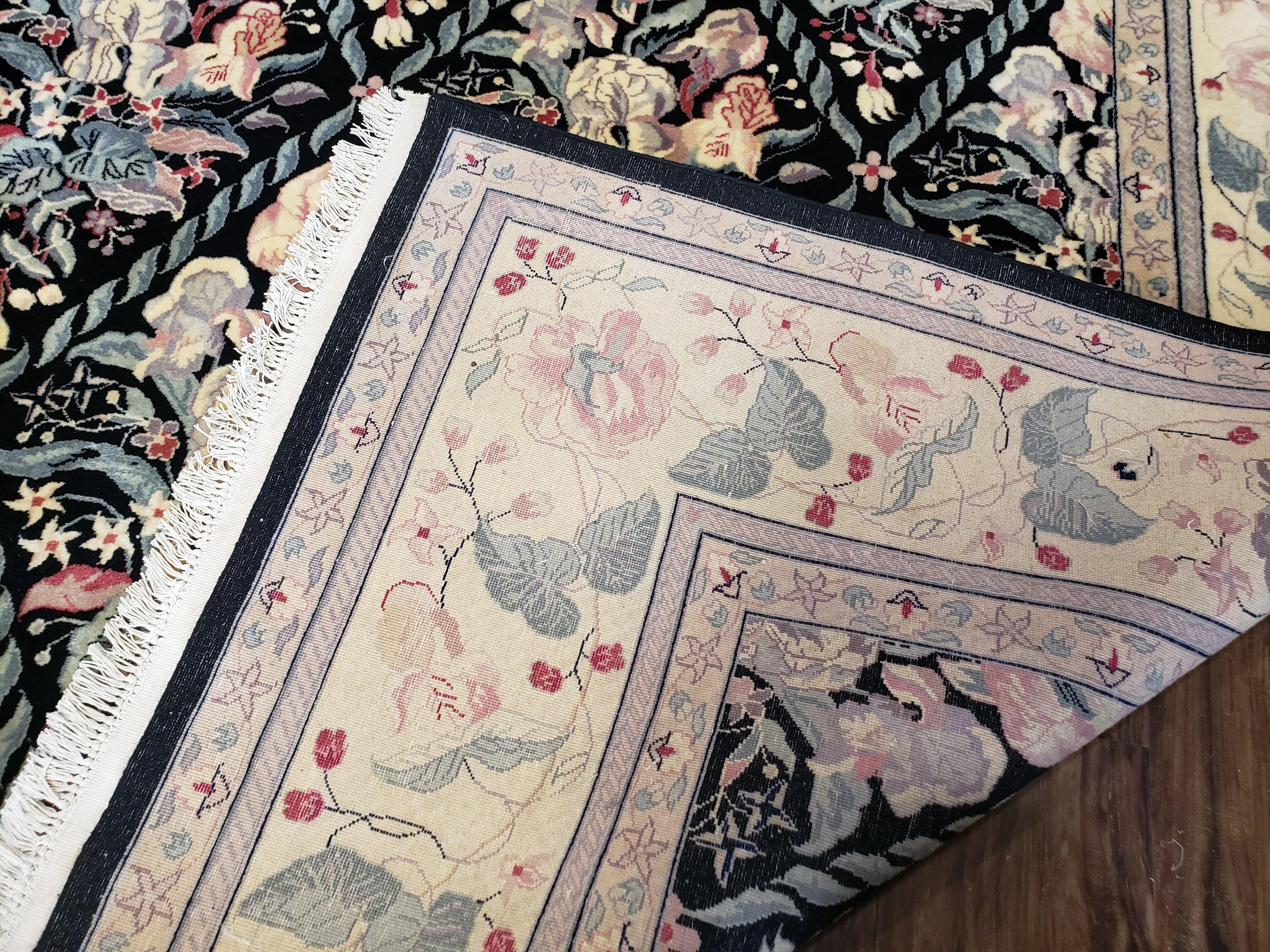 Sino-Persian Kirman Rug 9x12 Floral Handmade Wool Carpet Black & Ivory Vintage