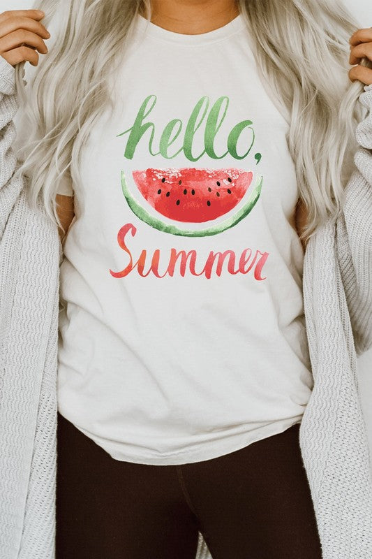 Hello Summer Watercolor Watermelon Graphic Tee T-Shirt