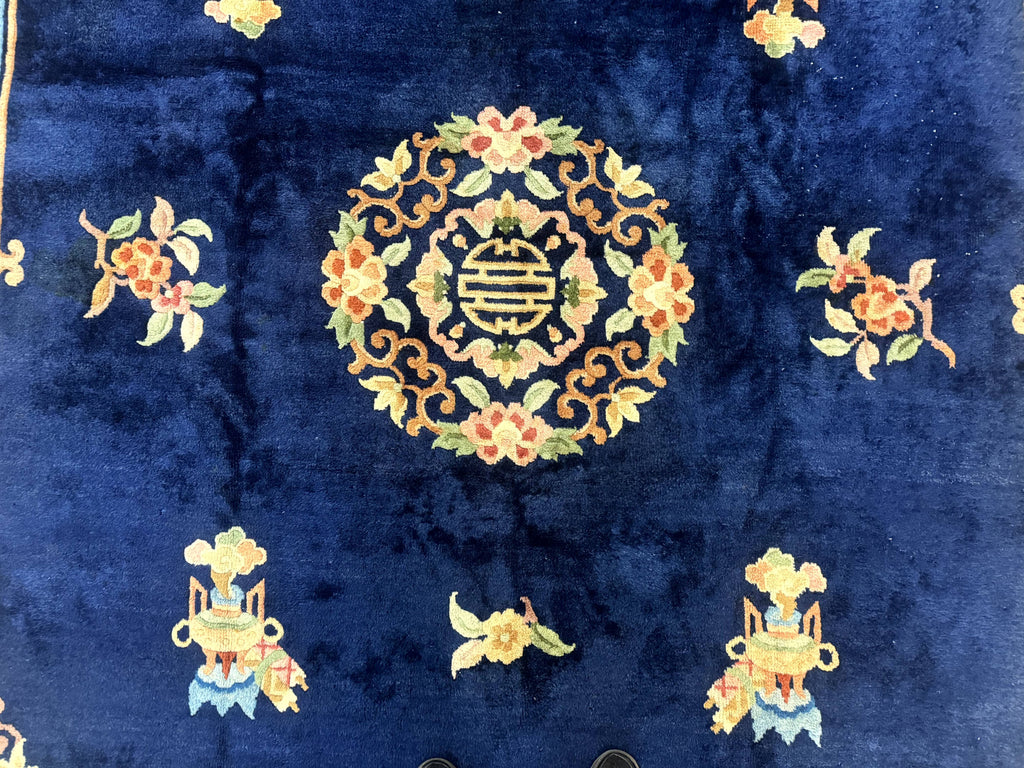 Chinese Wool Rug 8x11, Navy Blue and Beige, Simple Design, Fete Carpet