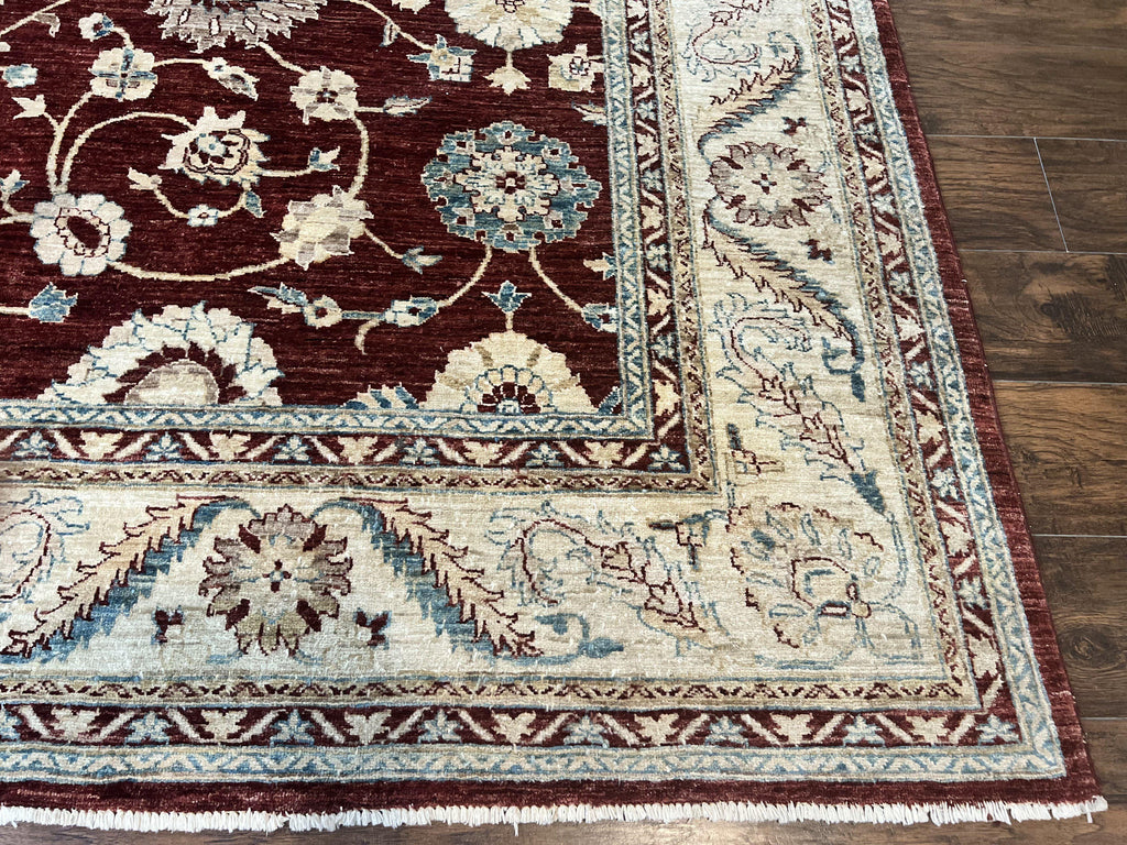 Peshawar Rug 9x11, Pakistani Oriental Carpet, Maroon and Beige, Floral Allover, Wool Hand Knotted Handmade Vintage Rug