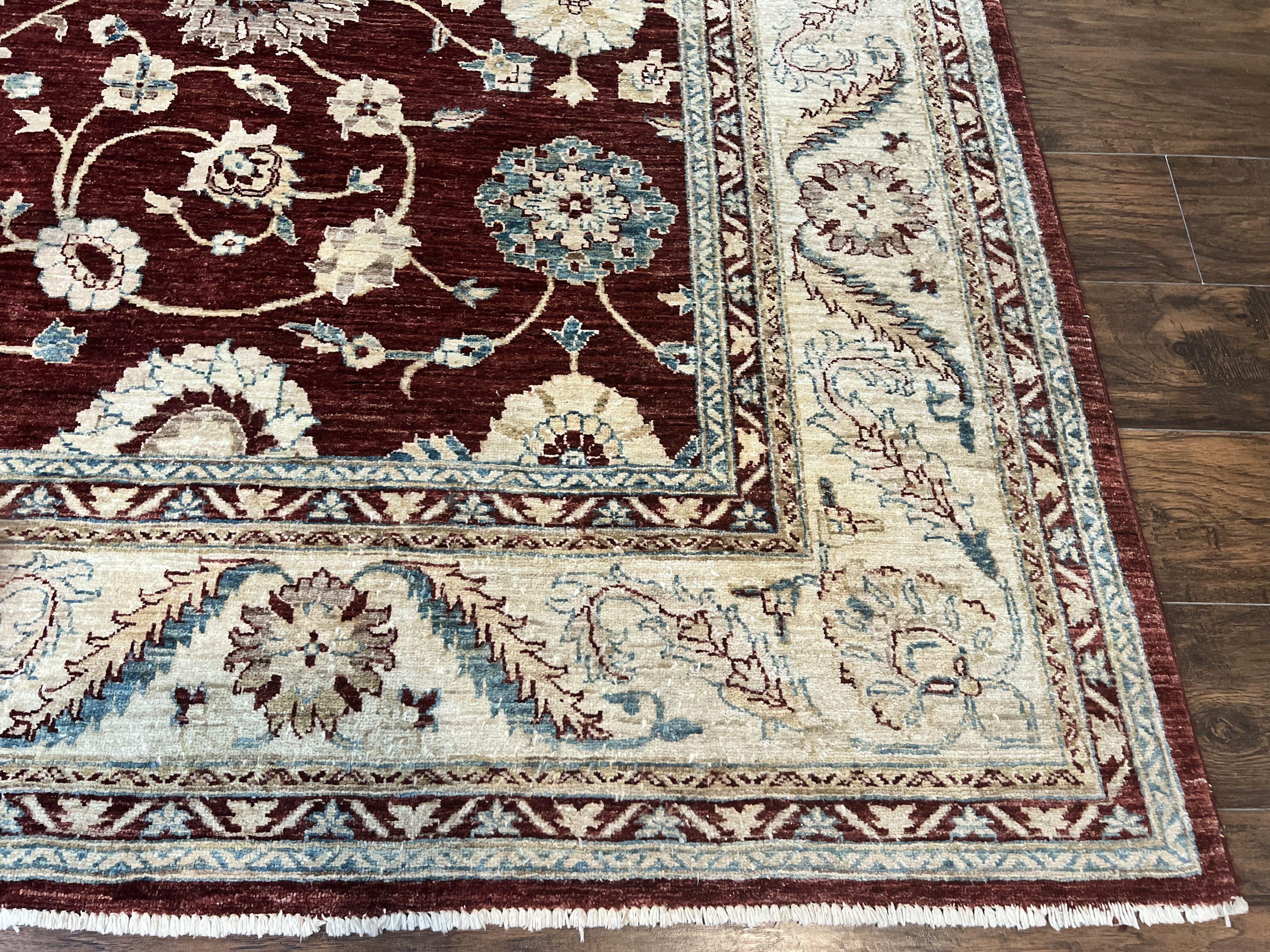 Peshawar Rug 9x11, Pakistani Oriental Carpet, Maroon and Beige, Floral Allover, Wool Hand Knotted Handmade Vintage Rug