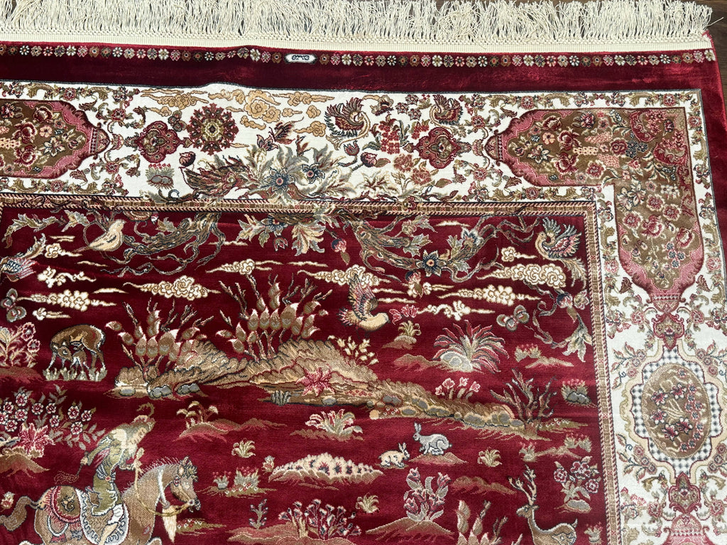 Turkish Silk Hunting Design Rug 4x6, Dark Red & Ivory, Bamboo Silk, New