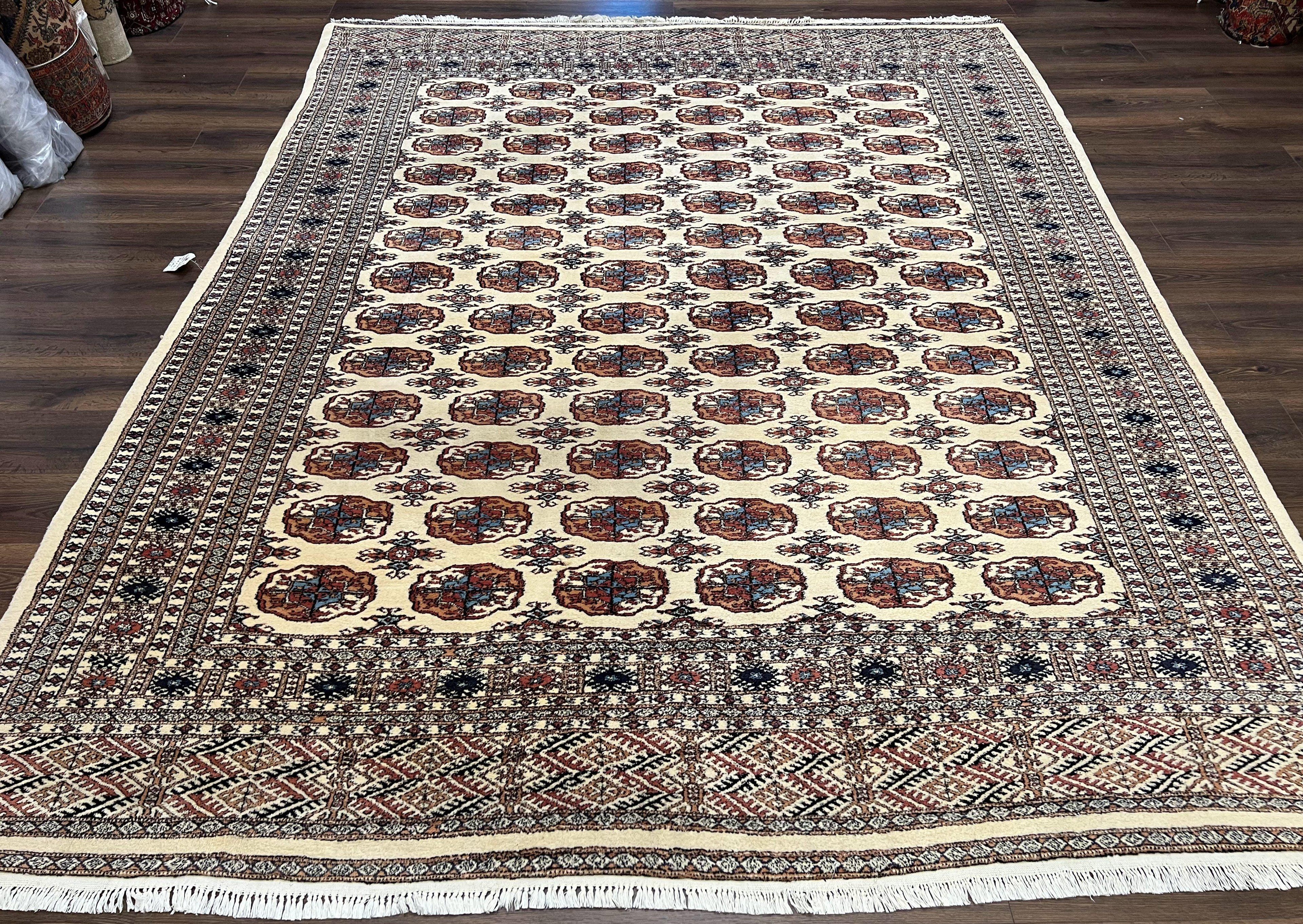 Pakistani Bokhara Rug 8x10, Wool Turkoman Carpet, Ivory/Cream