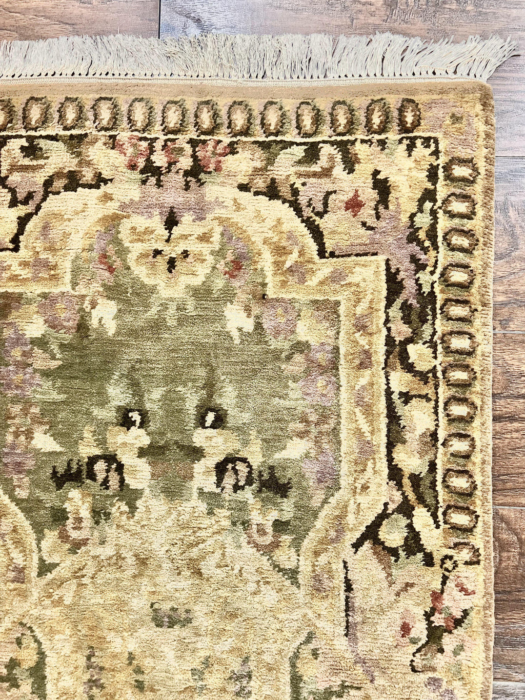 Tibetan Runner Rug 2.6 x 10, French Aubusson Pattern, Gold Olive Green, Vintage Handmade European Design, Wool Hallway Rug