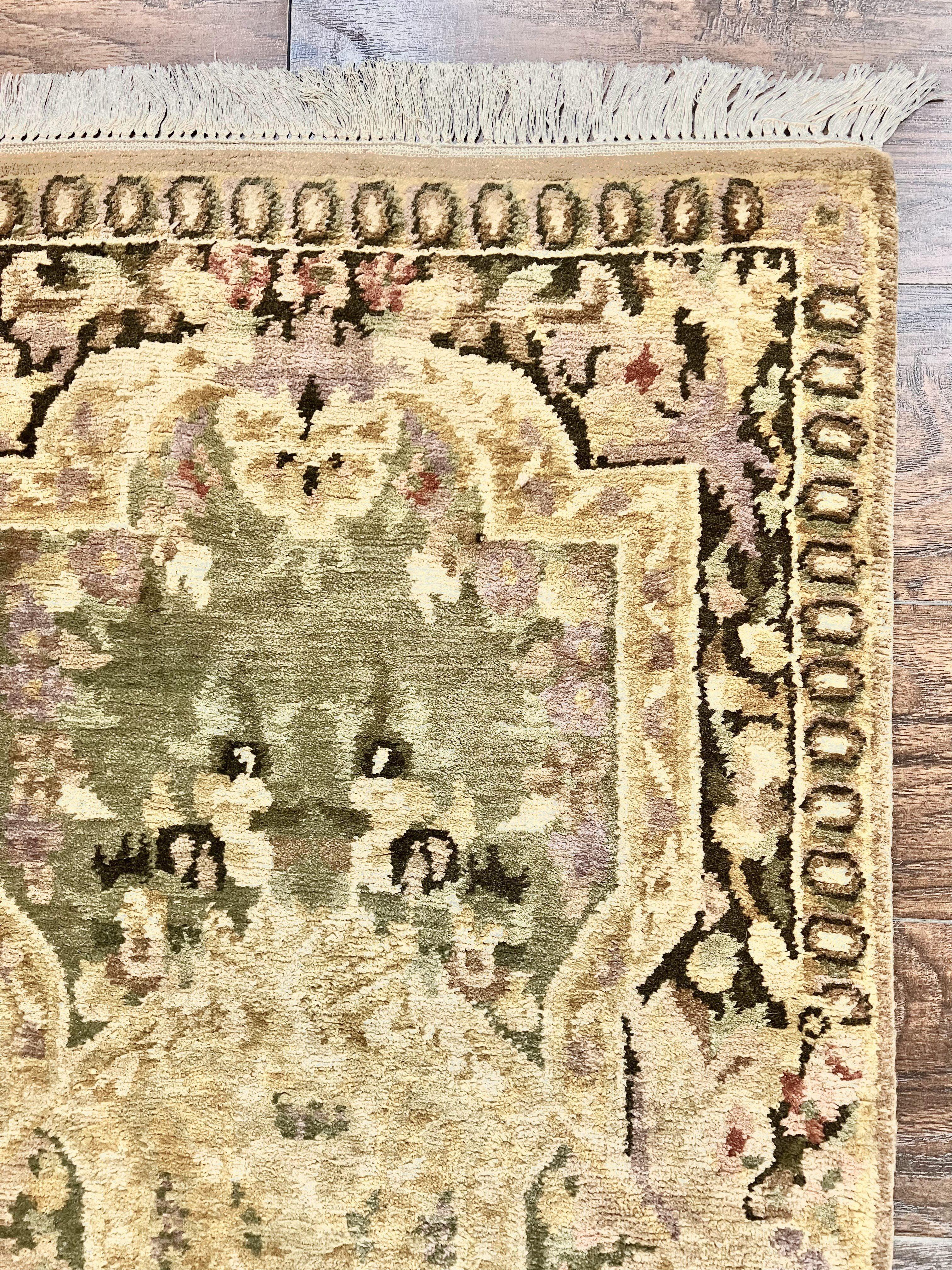 Tibetan Runner Rug 2.6 x 10, French Aubusson Pattern, Gold Olive Green, Vintage Handmade European Design, Wool Hallway Rug