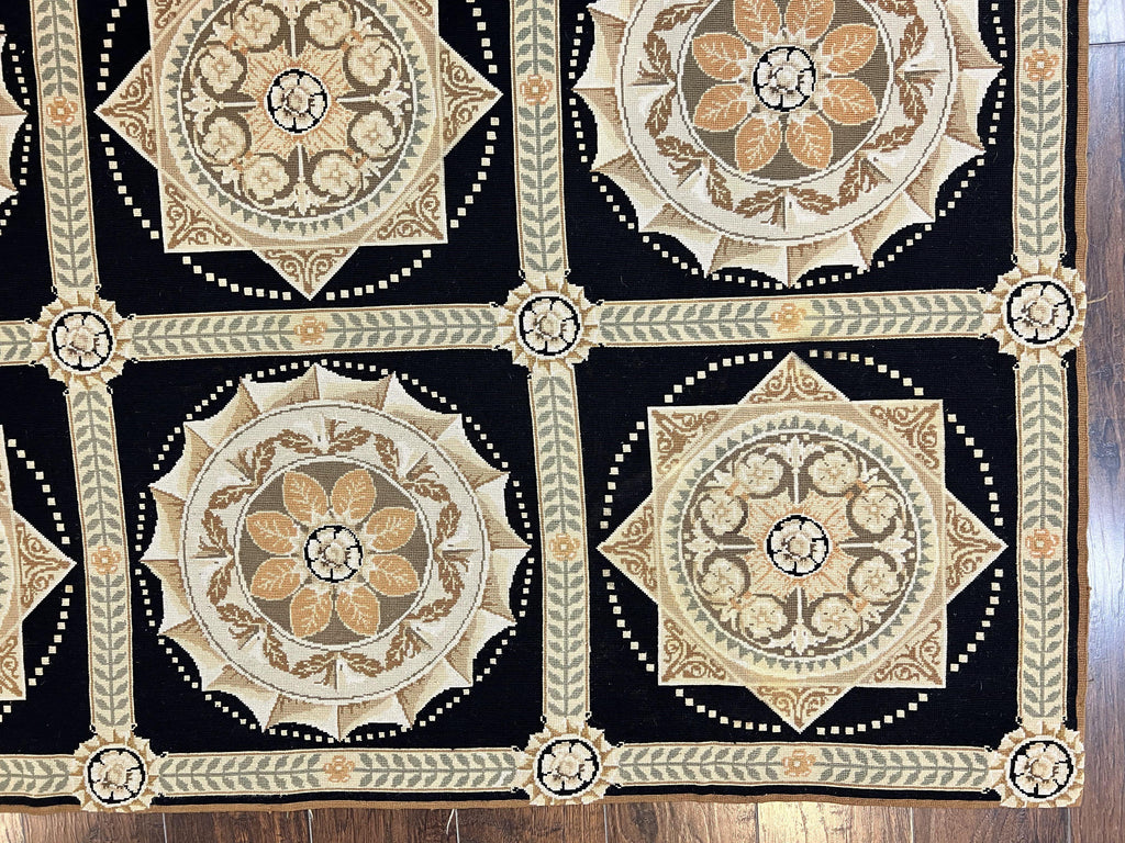 Needlepoint Rug 8x10, Black Tan Beige, Panel Design, Wool Handwoven Handmade Flatweave Needlepoint Carpet, Vintage French European Rug