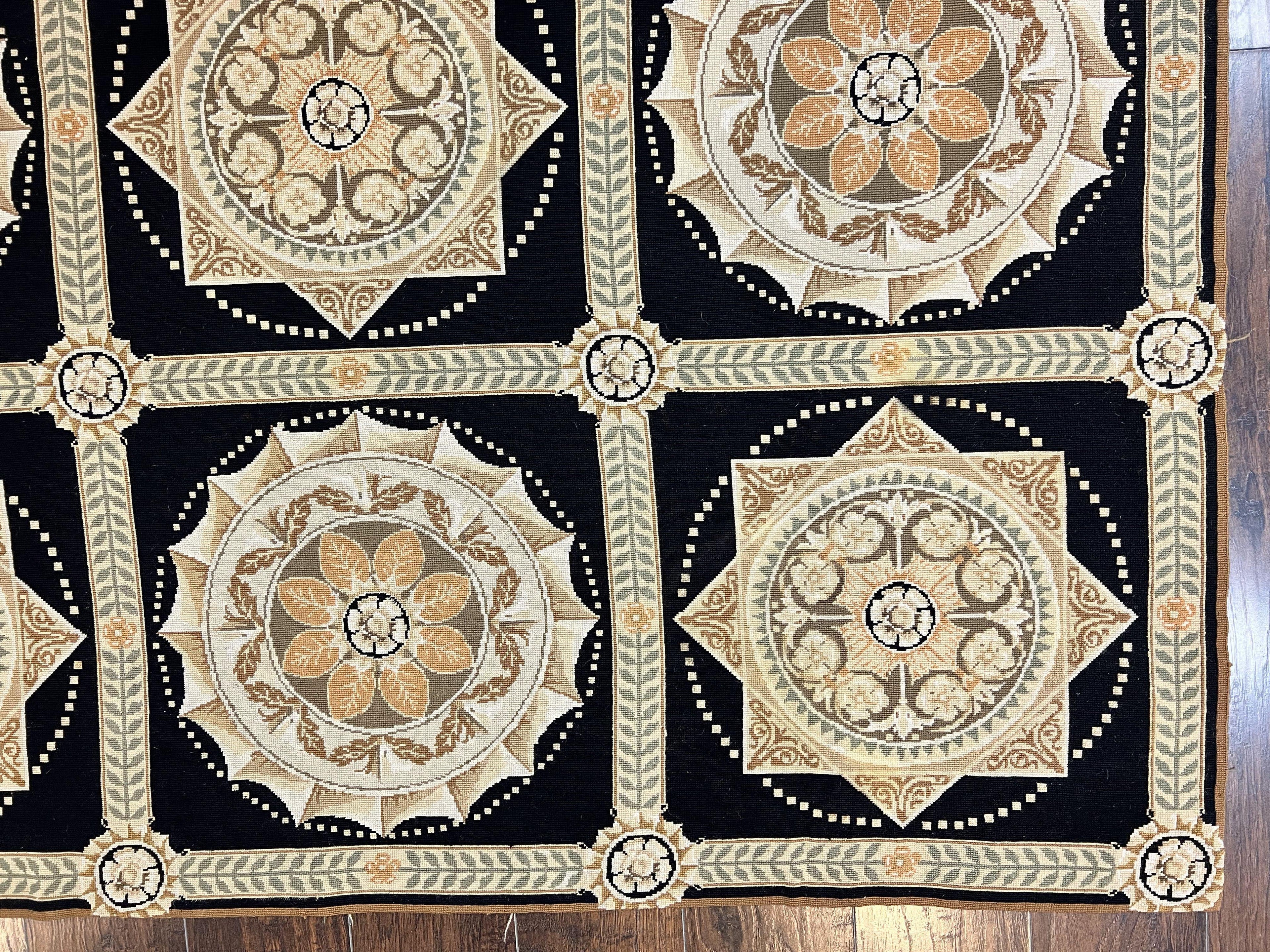 Needlepoint Rug 8x10, Black Tan Beige, Panel Design, Wool Handwoven Handmade Flatweave Needlepoint Carpet, Vintage French European Rug