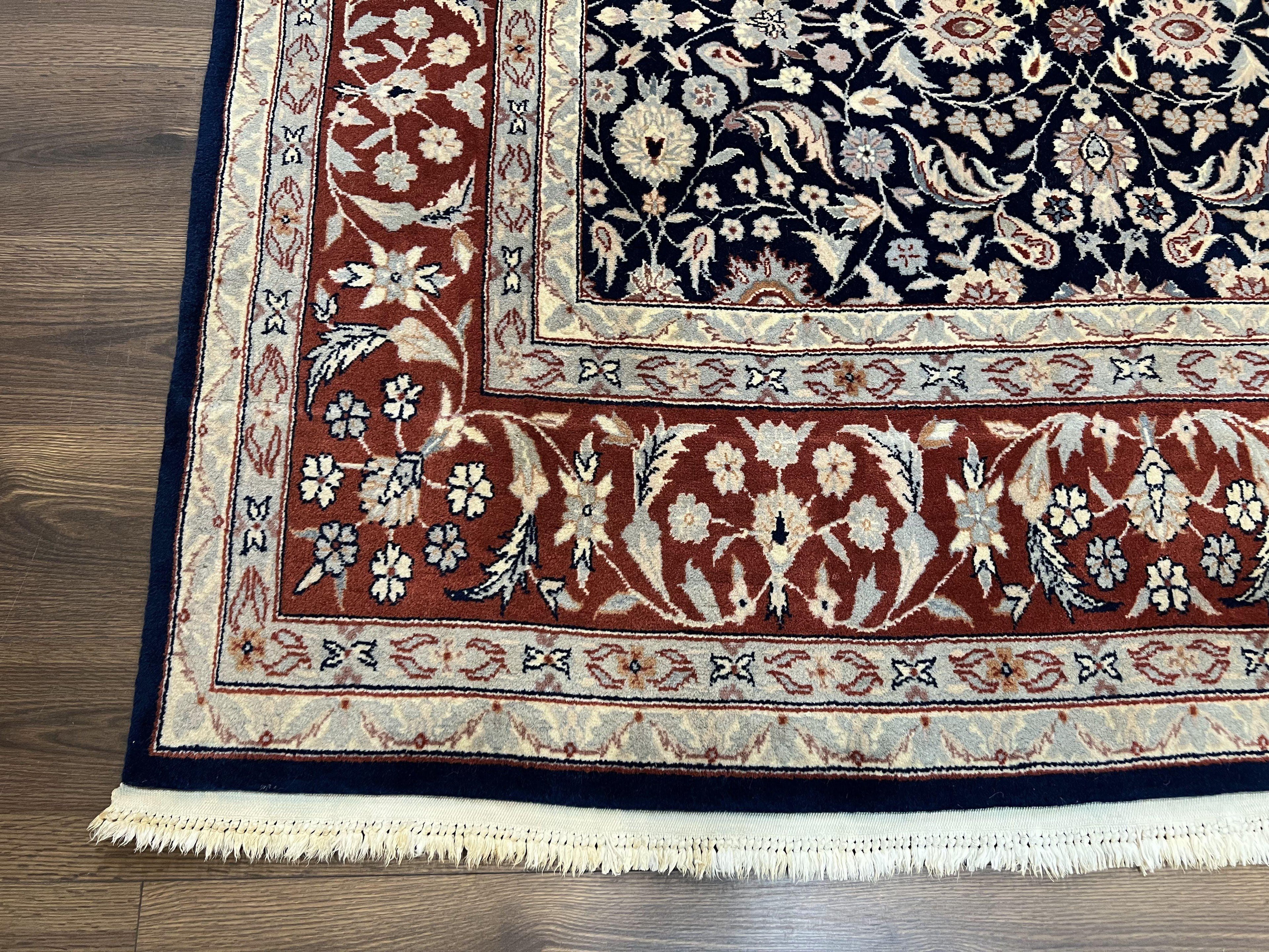 Indo Sarouk Rug 6x9, Vintage Indian Persian Rug, Wool Oriental Carpet, Navy Blue Red Allover Floral Rug, Traditional Very Fine Rug, Area Rug