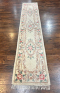 Chinese Aubusson Runner Rug 2.4 x 11, Hand Tufted Beige Floral European Design Hallway Rug, Elegant Rug, Vintage Wool Rug 11ft Long