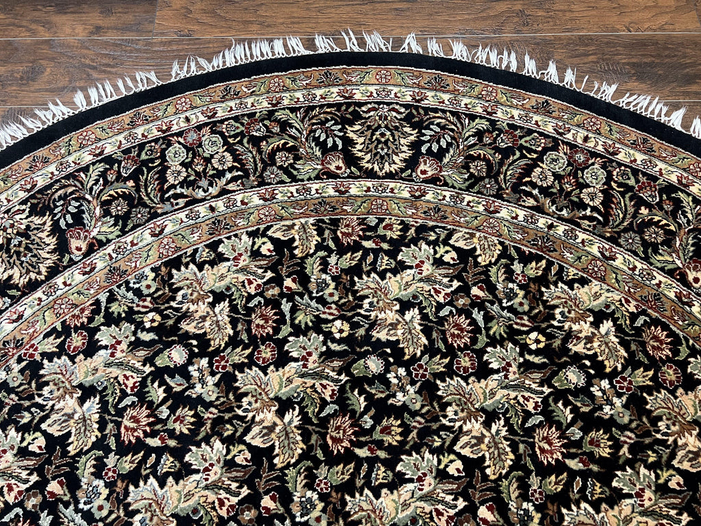 Round Oriental Rug 8x8 ft, William Morris Floral Pattern Carpet, 8 x 8 ft Round Rug, Black Cream and Tan 8ft Round Handmade Indo Persian Rug