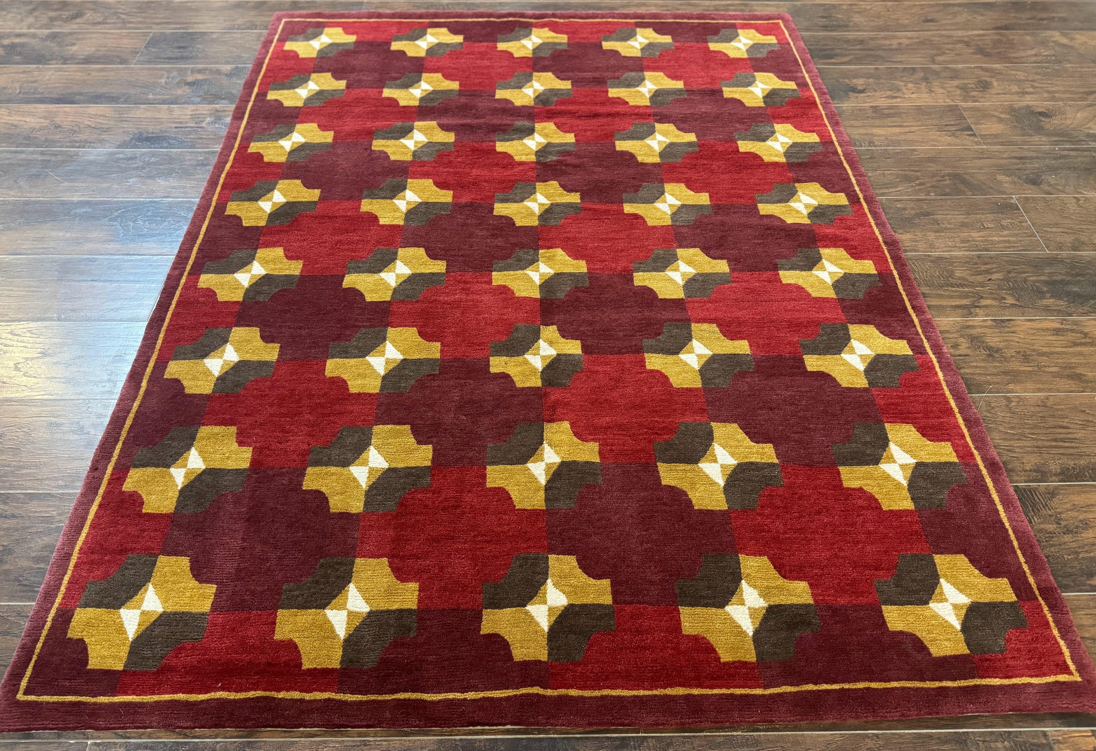 Modern Tibetan Rug 5 x 6.8, Wool, Red, Allover Pattern, Nepali Rug, Abstract Rug, Handmade Area Rug