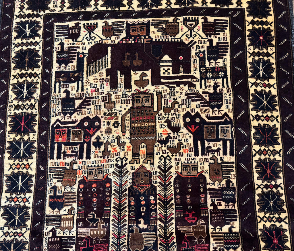 Persian Baluch Tribal Rug 4x6, Human and Bird Pictorials, Vintage, Wool, Collectible