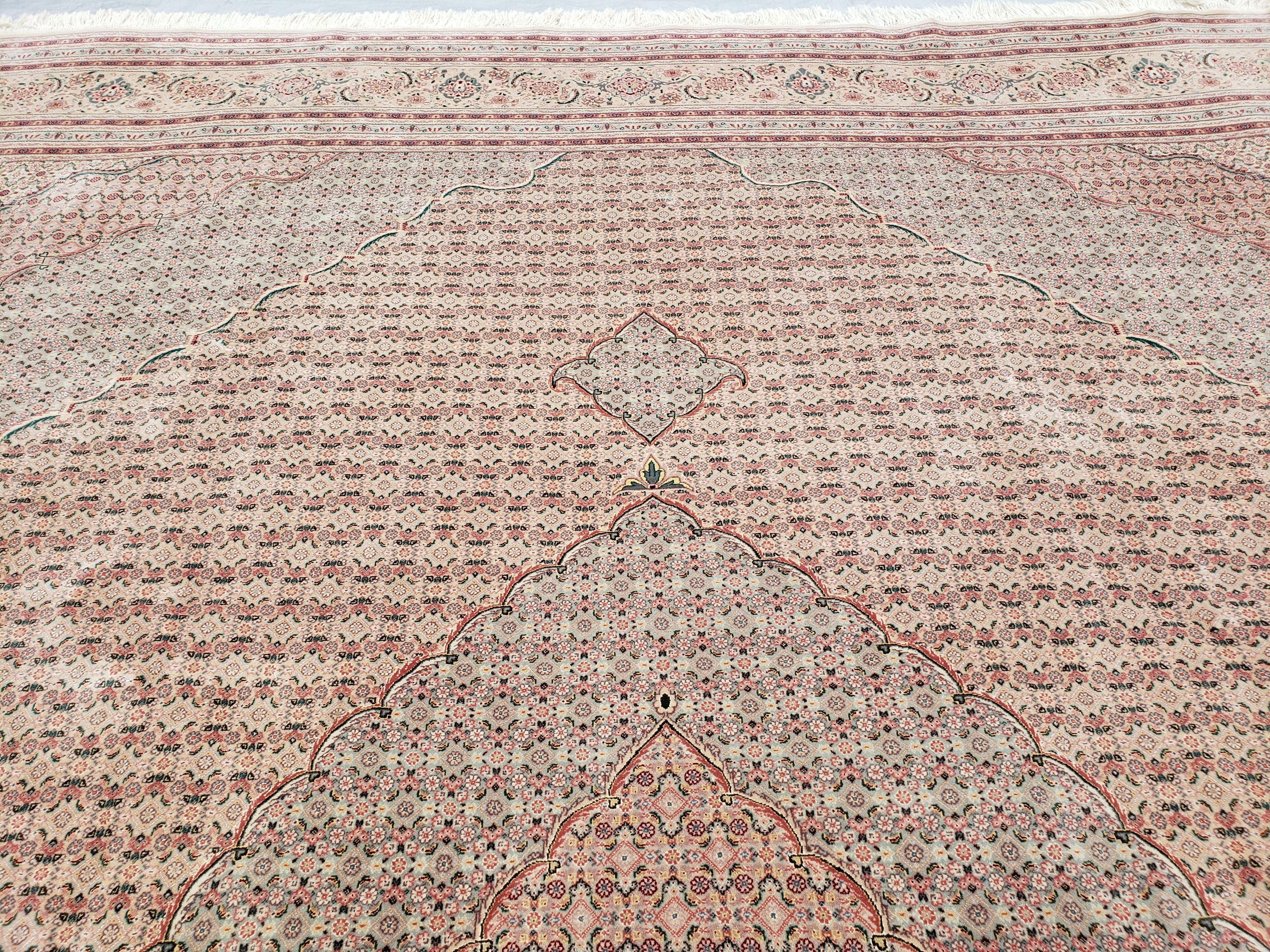 Stunning Oversized Pak Persian Oriental Rug 12x15, Hand Knotted Wool & Silk Palace Sized Carpet, Mahi Pattern, Very Fine, Peach Beige, Wow
