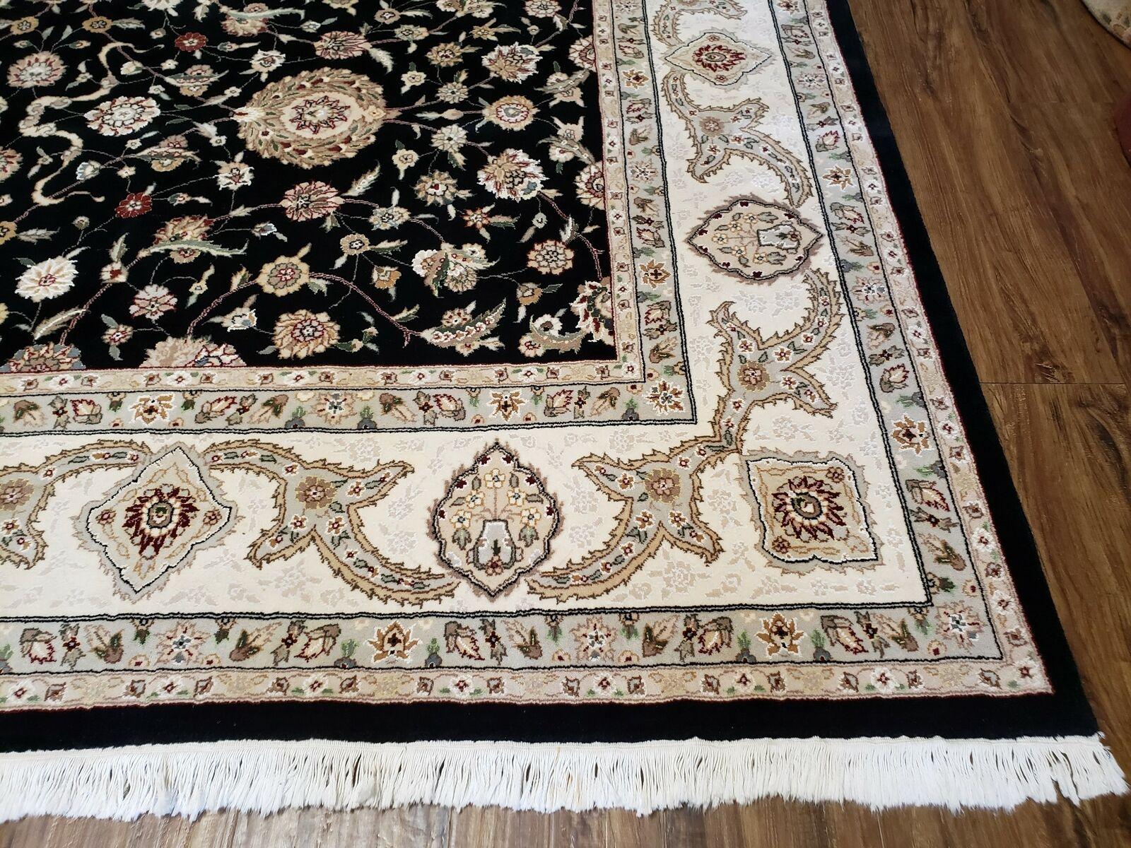 8' 5" X 11' 6" Vintage Handmade Oriental Floral Wool Rug Silk Accent Black Nice