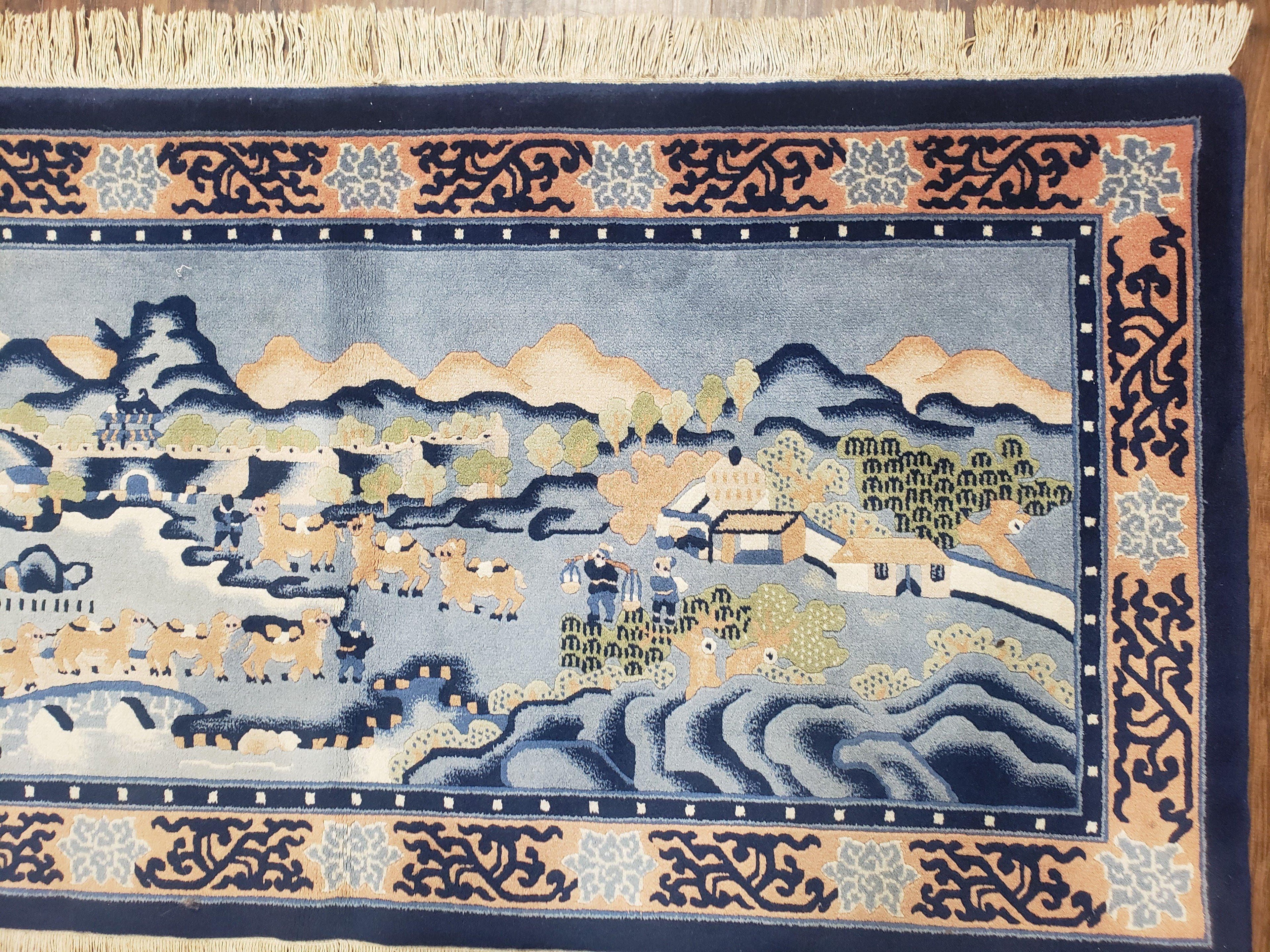 Vintage Chinese Pictorial Rug 2'4" x 4' 7", Chinese Village, Wool Hand-Knotted Blue & Teal Fine Carpet, Tapestry Rug, Woven Wall Art
