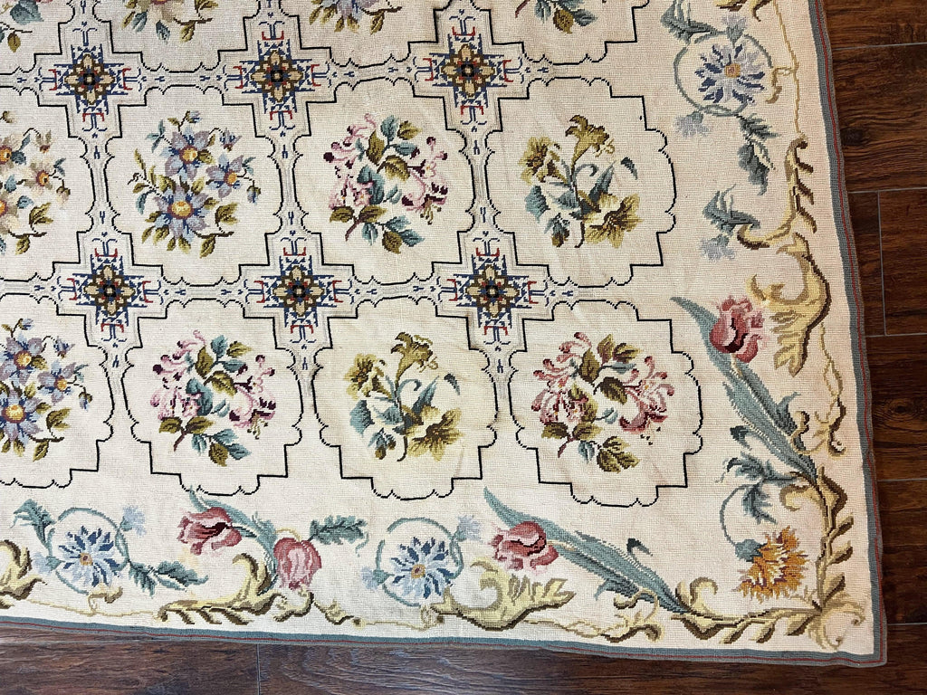 Needlepoint Rug 10x14, Wool Handmade Vintage Needlepoint Carpet, Floral Panel Design, Ivory/Cream