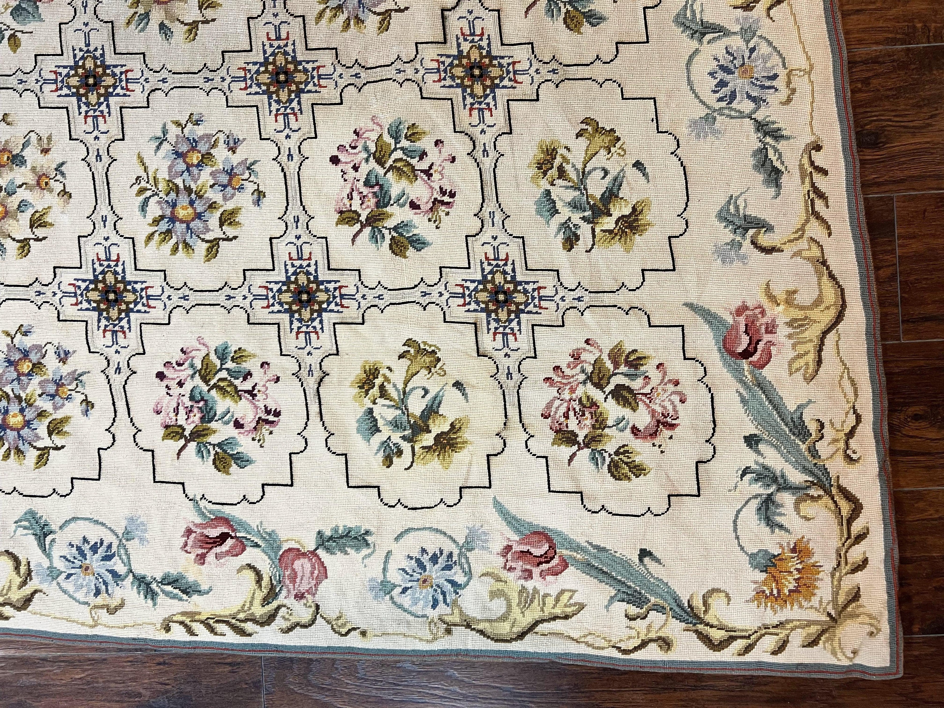 Needlepoint Rug 10x14, Wool Handmade Vintage Needlepoint Carpet, Floral Panel Design, Ivory/Cream