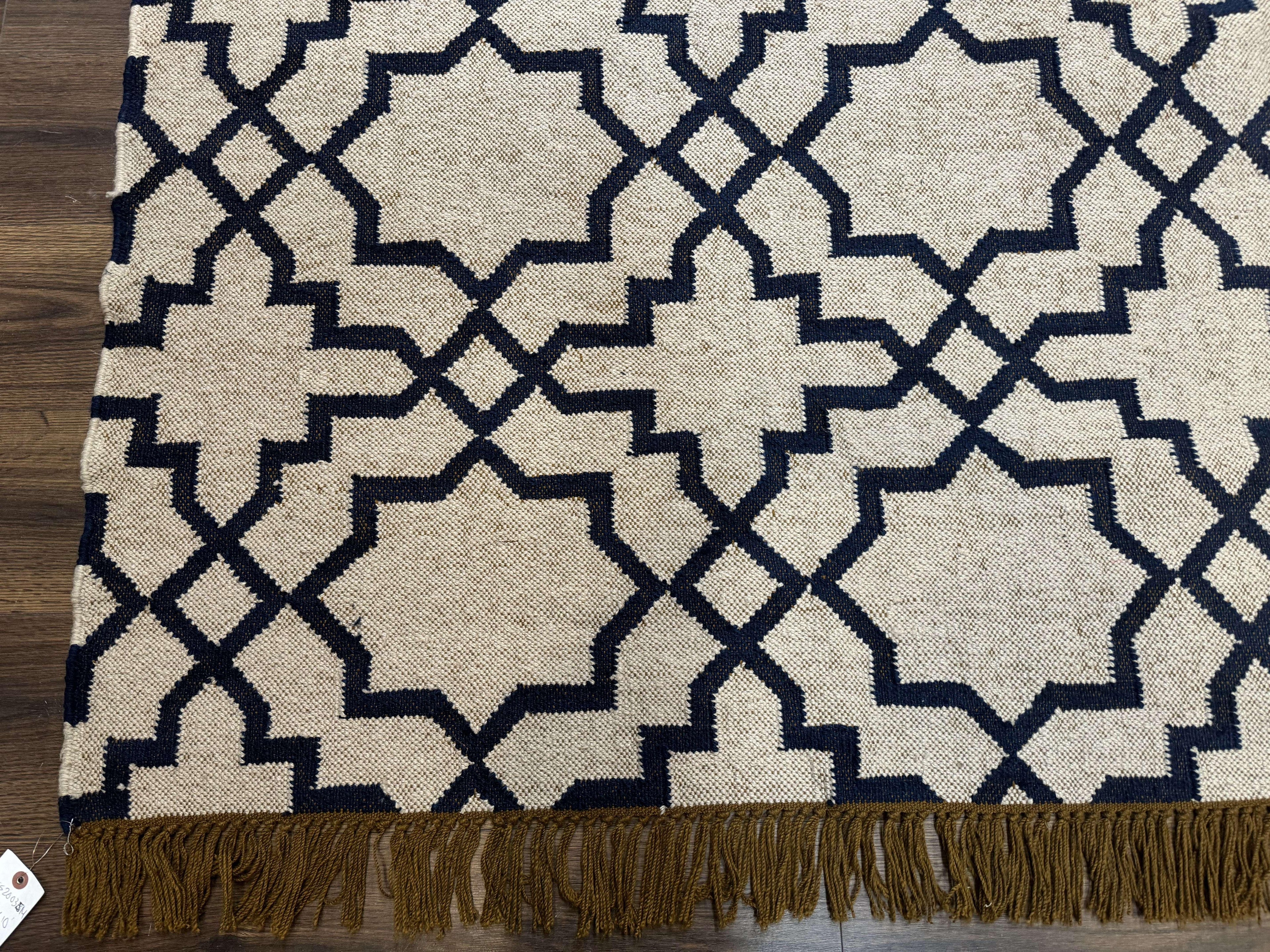 Indian Kilim Rug 8x10, Oat and Navy Blue, Dhurrie Carpet, Handmade, Wool