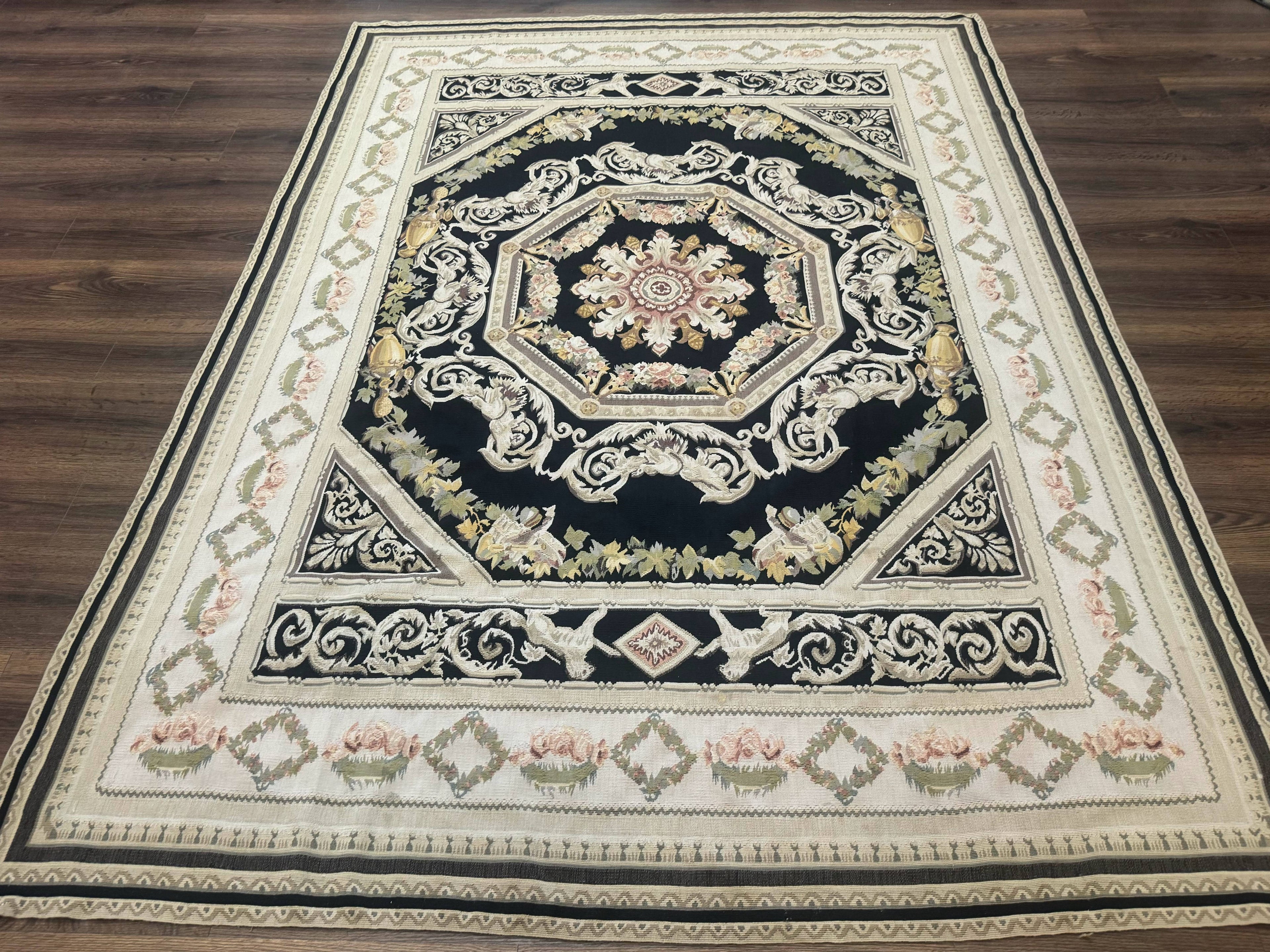 Aubusson Rug 6x8, European Design, Lion Pictorials, Black