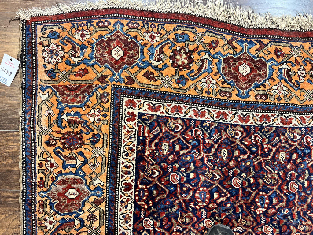 Persian Senneh Rug 4x8, Wool Hand Knotted Antique Kurdish Carpet, Navy Blue Oriental Area Rug, 4 x 8 Rug