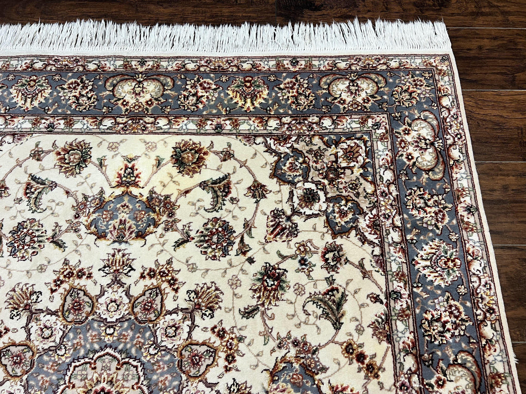 Sino Persian Square Rug 5x5, Very Fine Oriental Carpet, Wool & Silk Highlights, Ivory, Hand Knotted Handmade Vintage Traditional Rug