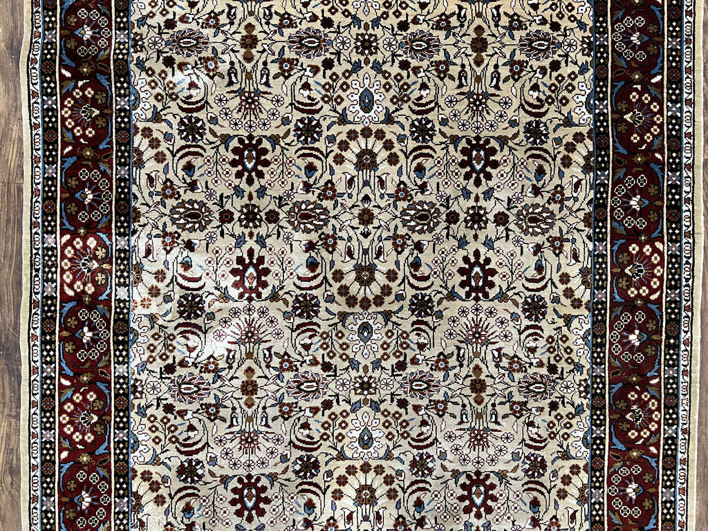 Fine Sino-Persian Silk Rug 3x5, High Quality Silk Carpet, Handmade Small Silk Rug, Allover Repeated Motif, Tan Maroon Blue Vintage Silk Rug