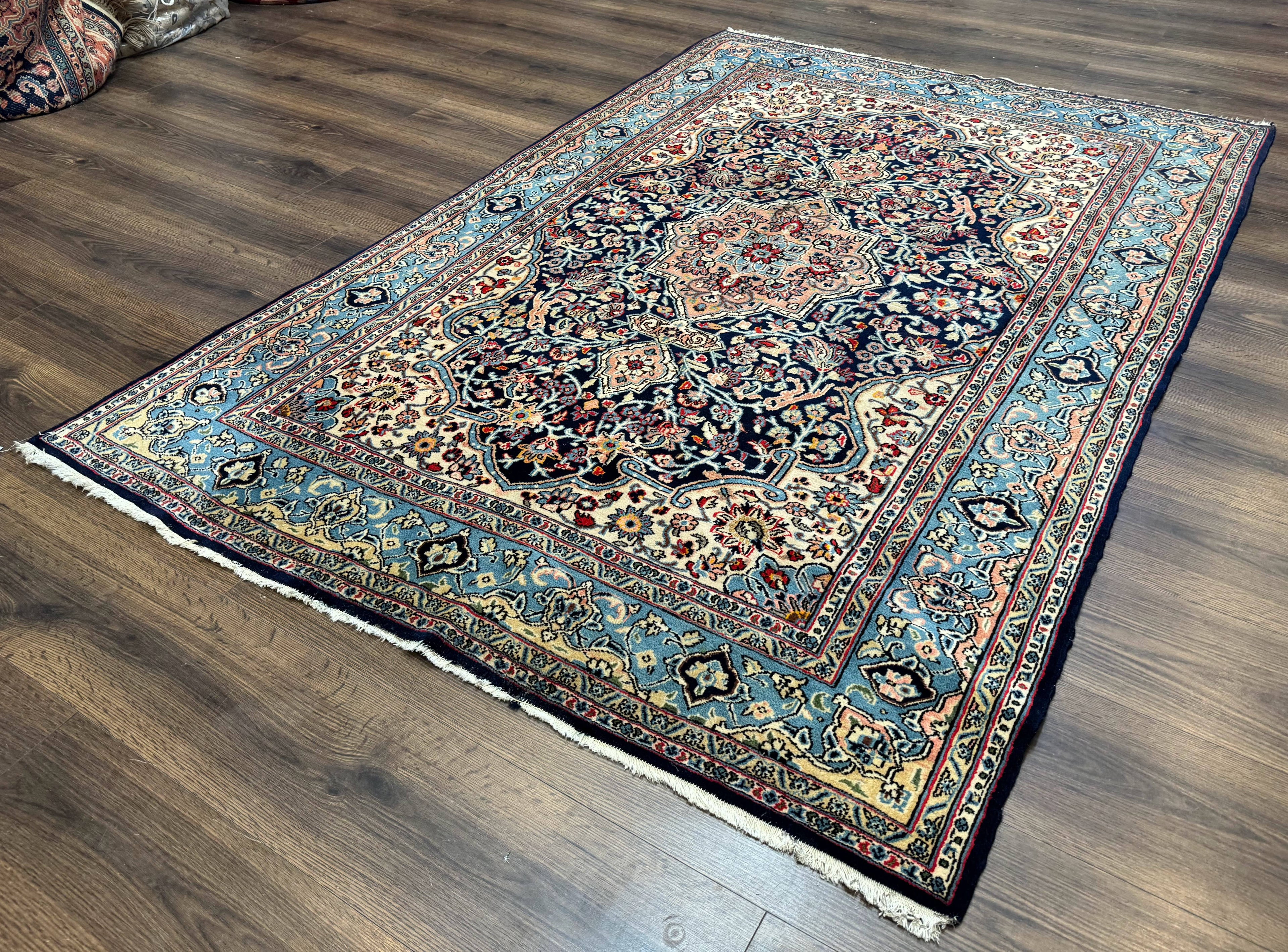 Persian Qum Rug 5x7 in Navy Light Blue and Ivory, Wool wilh Silk Highlights, 225 KPSI