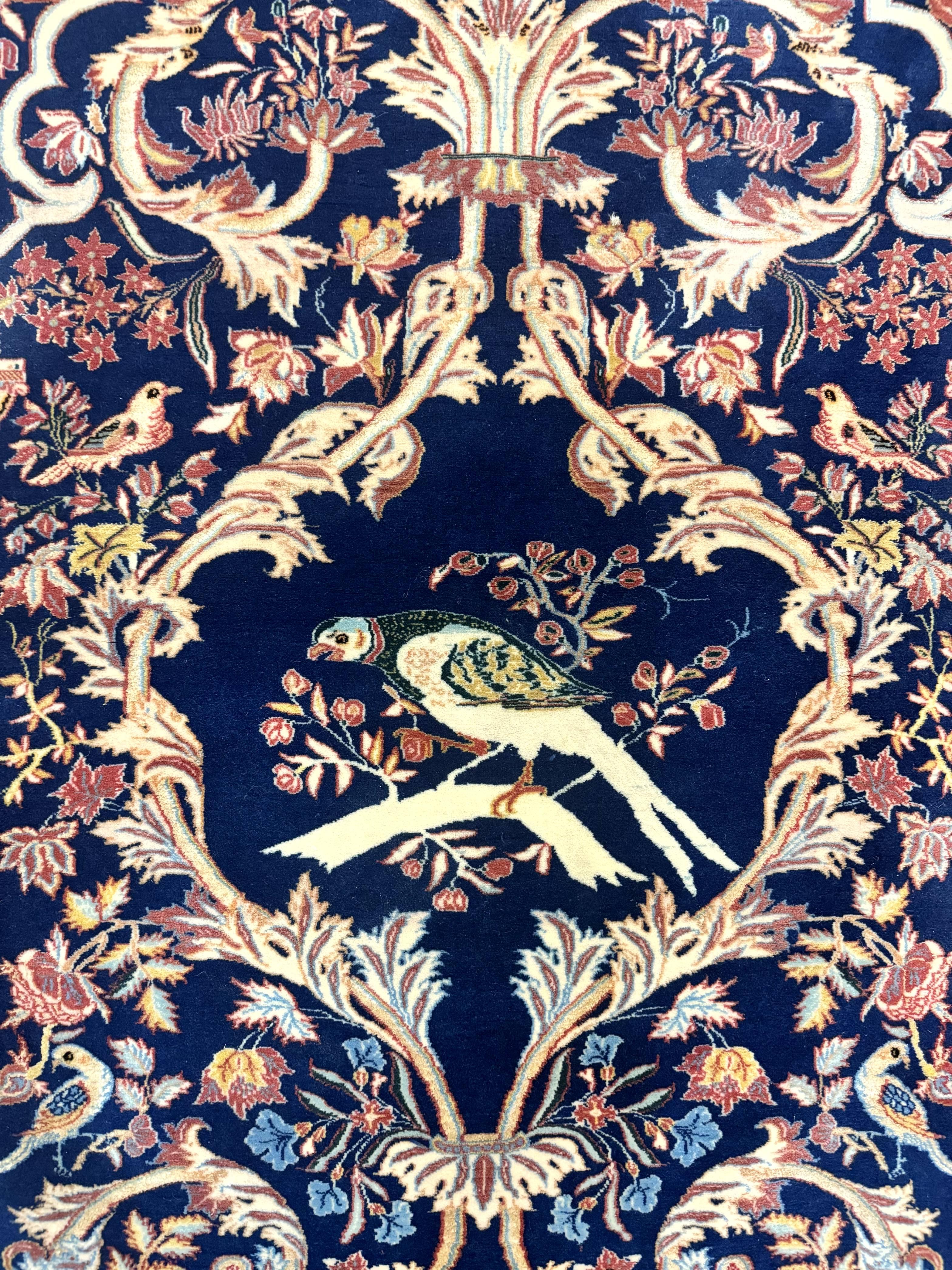 Persian Isfahan Rug 2x4, Birds, Navy Blue, Kork Wool on Silk Foundation, 460 KPSI