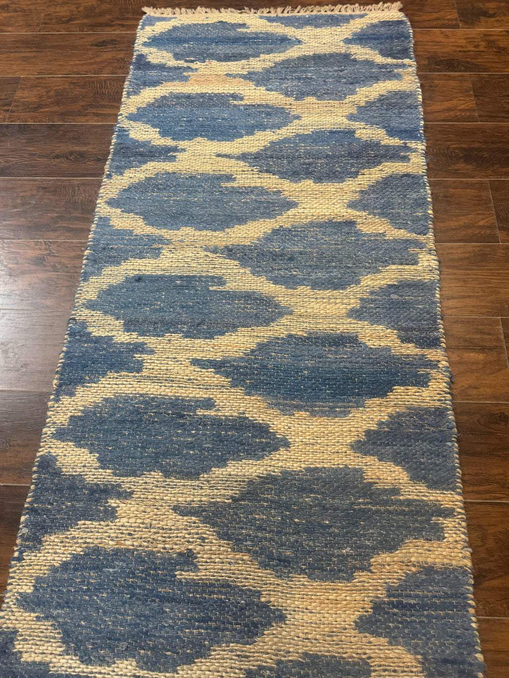Modern Jute Runner Rug 2.9 x 7.9, Beige and Blue, Handwoven, Kaleen Rug