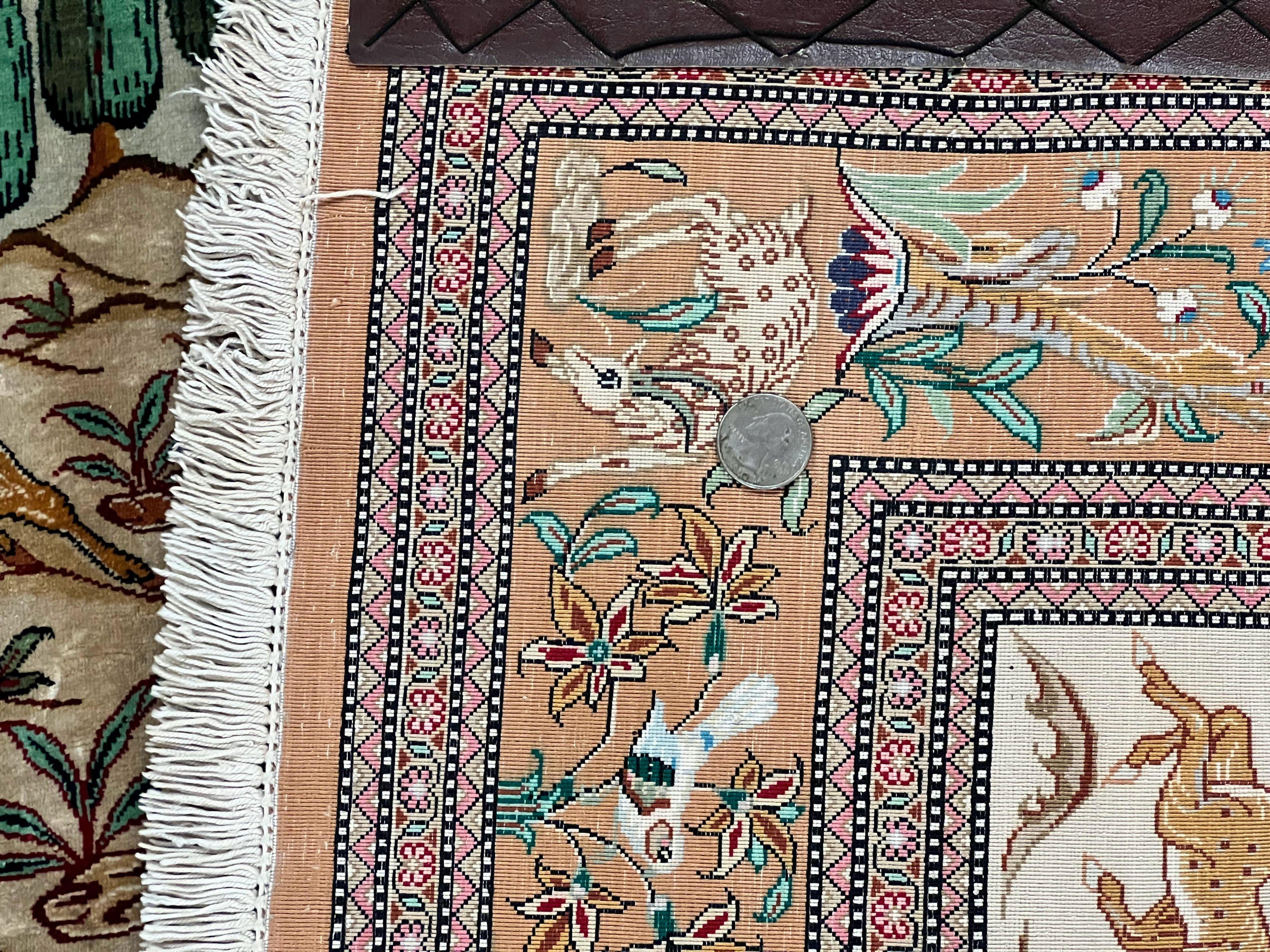 Silk Persian Qum Rug 3x5, Hunting Pattern, Handmade Vintage Carpet, Signed by Master Weaver, Horsemen Pictorials, Super Fine 650 KPSI