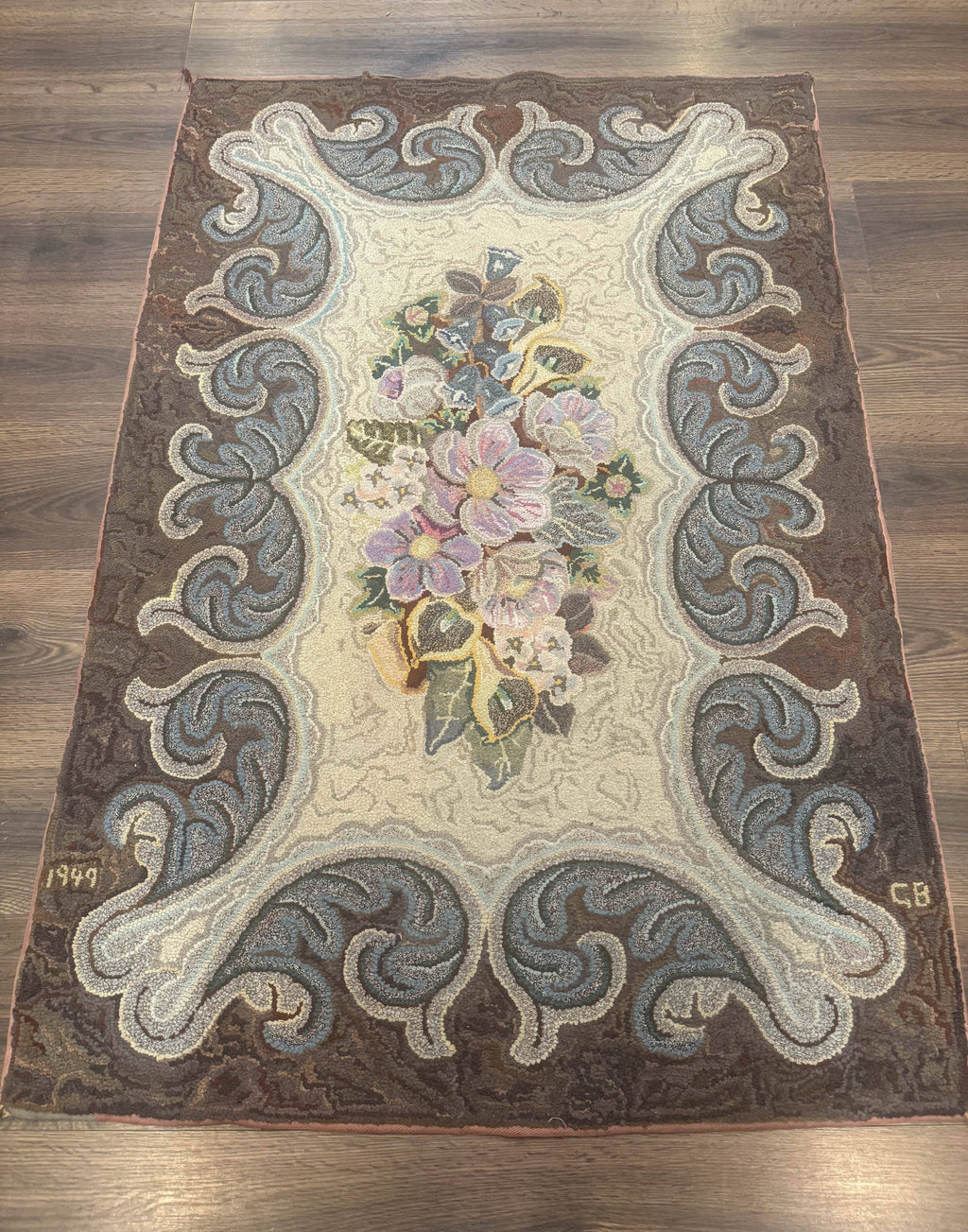 Antique American Hooked Rug 3 x 4.6, Vintage, Floral