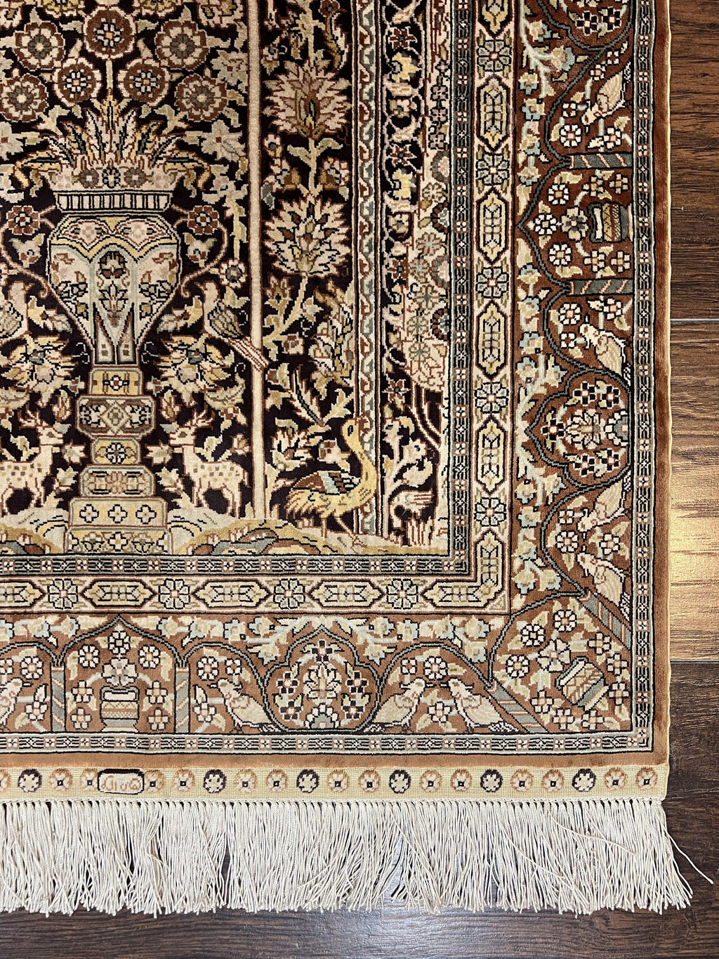 Turkish Silk Hereke Rug 2x3, Floral Vase Tree of Life Birds, Silk Pile on Silk Foundation, Vintage Oriental Carpet, Very Fine, Signature