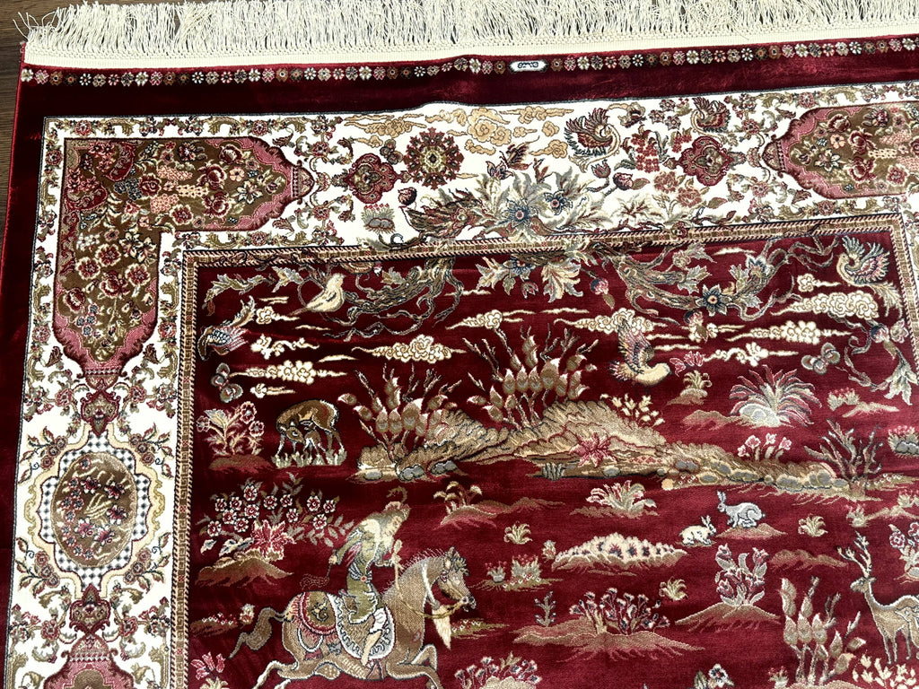 Turkish Silk Hunting Design Rug 4x6, Dark Red & Ivory, Bamboo Silk, New