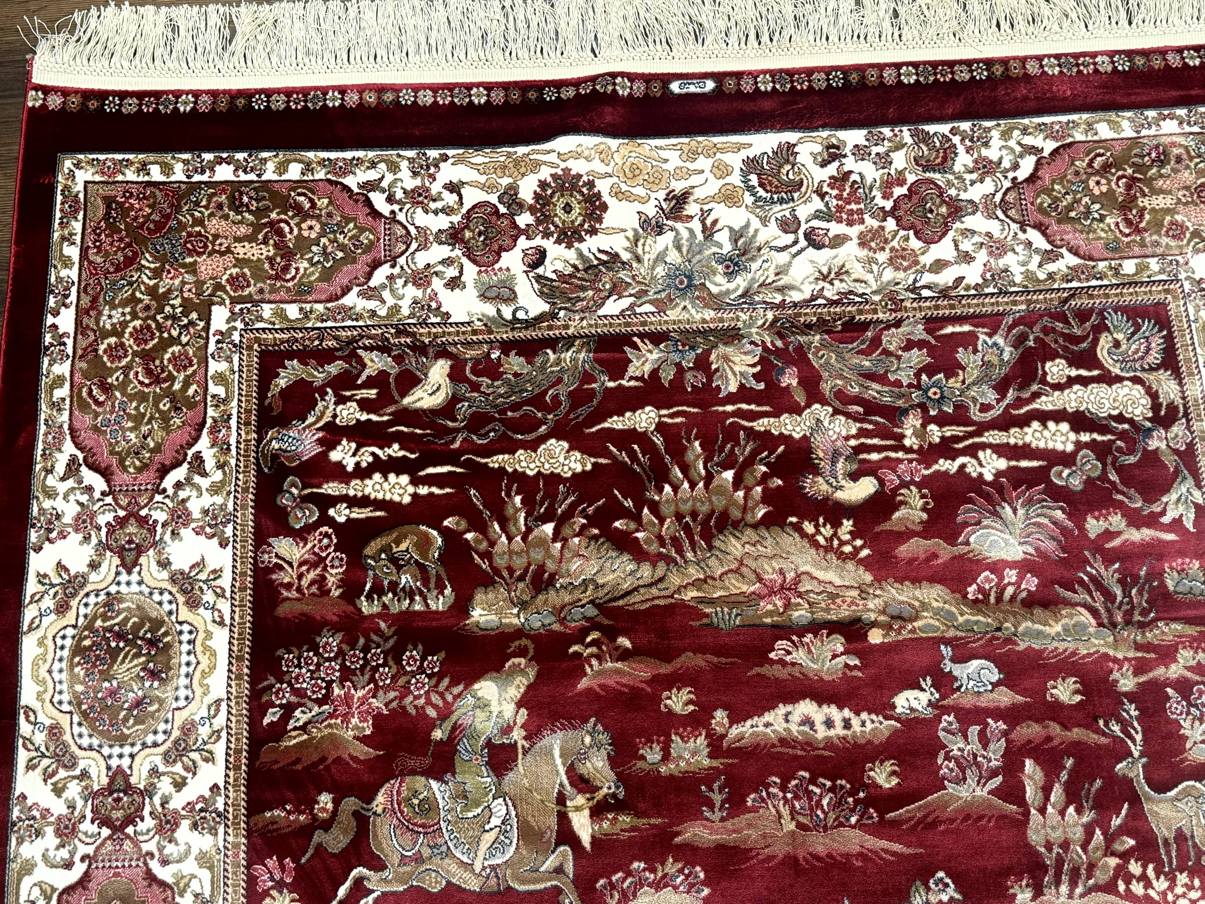 Turkish Silk Hunting Design Rug 4x6, Dark Red & Ivory, Bamboo Silk, New