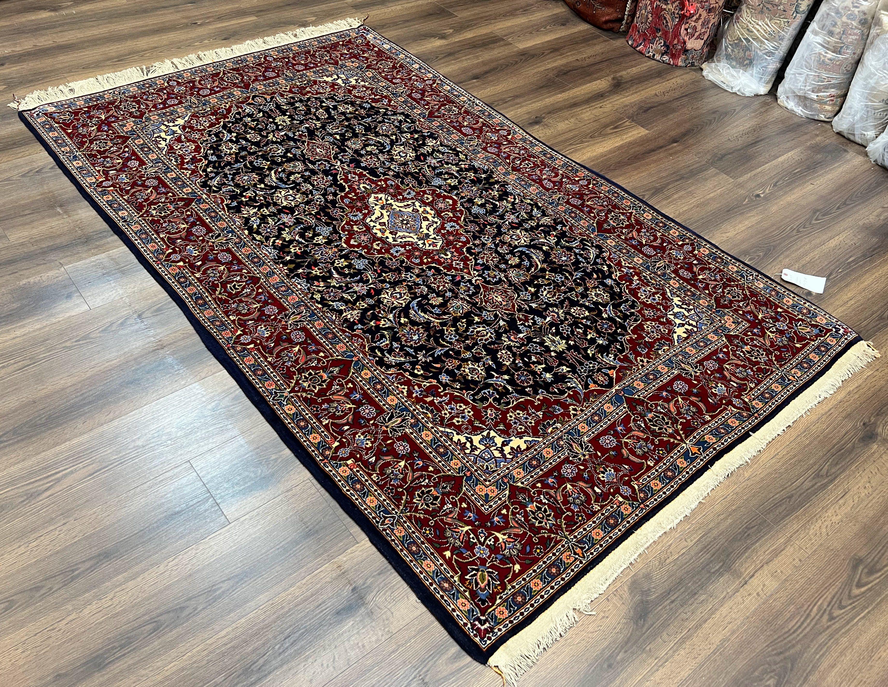 Dark Blue Persian Rug 5x8, Kork Wool Semi Antique Kashan Carpet, Very Fine Lachak Toranj Rug, Hand Knotted Floral Medallion Rug, 5 x 8 Oriental Rug