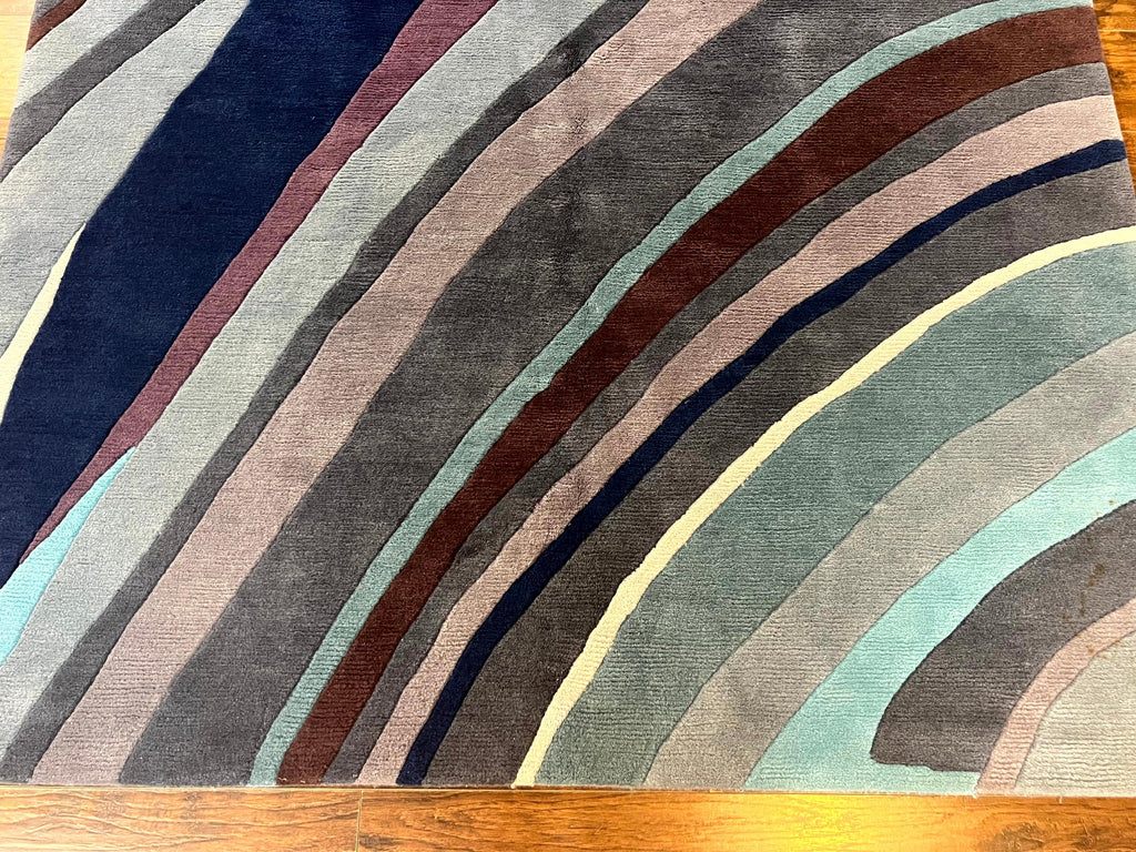 Modern Nepali Handmade Wool Rug 6x8, Blues Gray Mauve, Abstract, Nepali Tibetan Rug