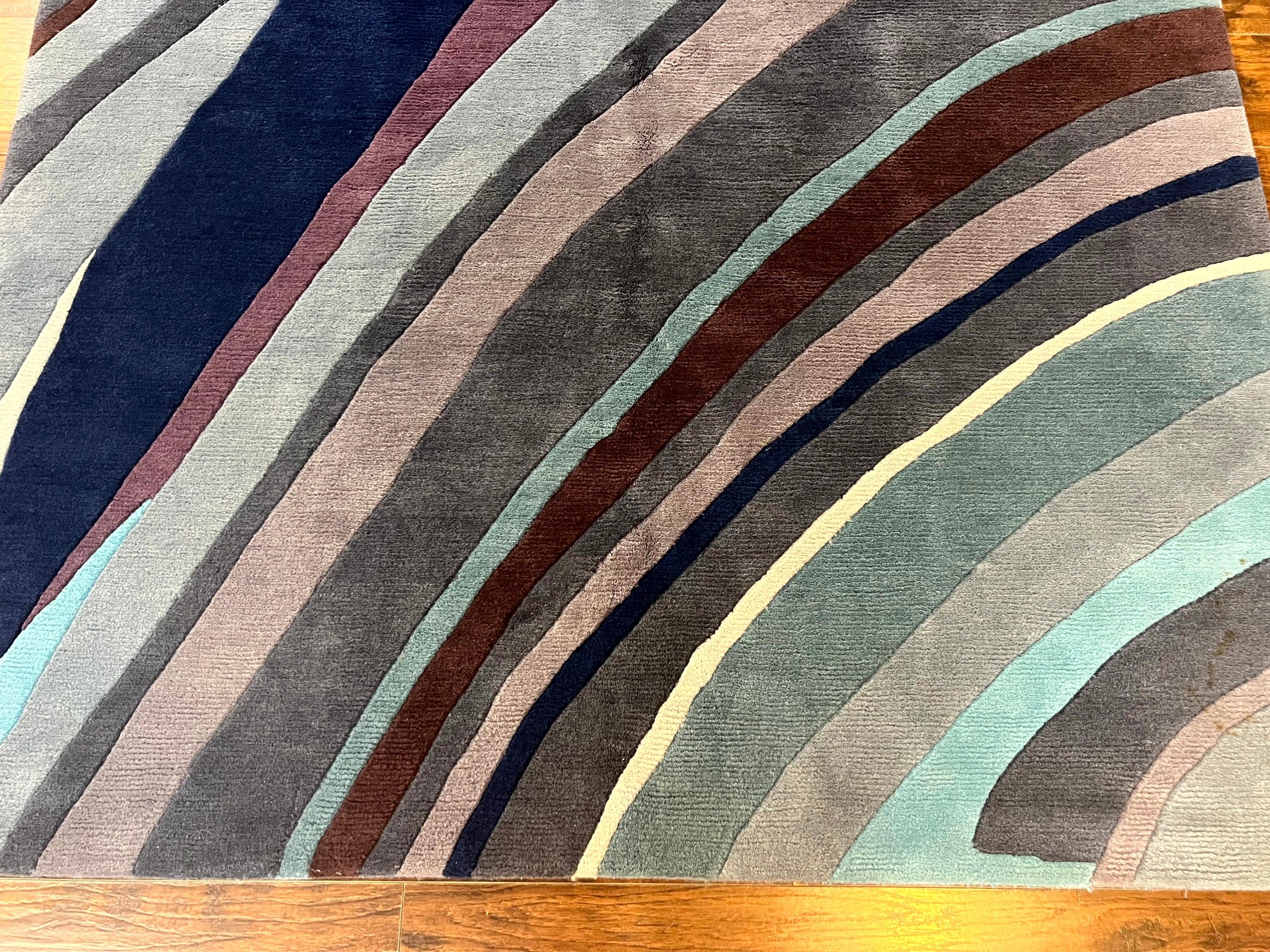 Modern Nepali Handmade Wool Rug 6x8, Blues Gray Mauve, Abstract, Nepali Tibetan Rug