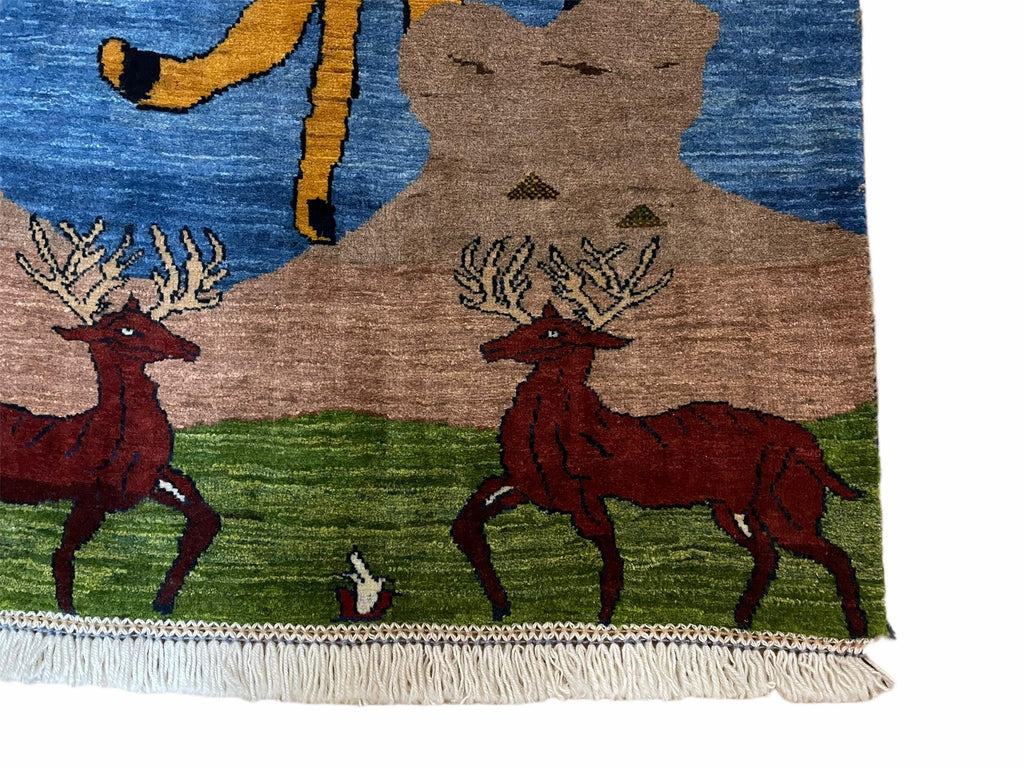 3 x 5 Handmade New Vintage Wool Blue Rug Leopard Lion Jaguar Deer Organic Dyes