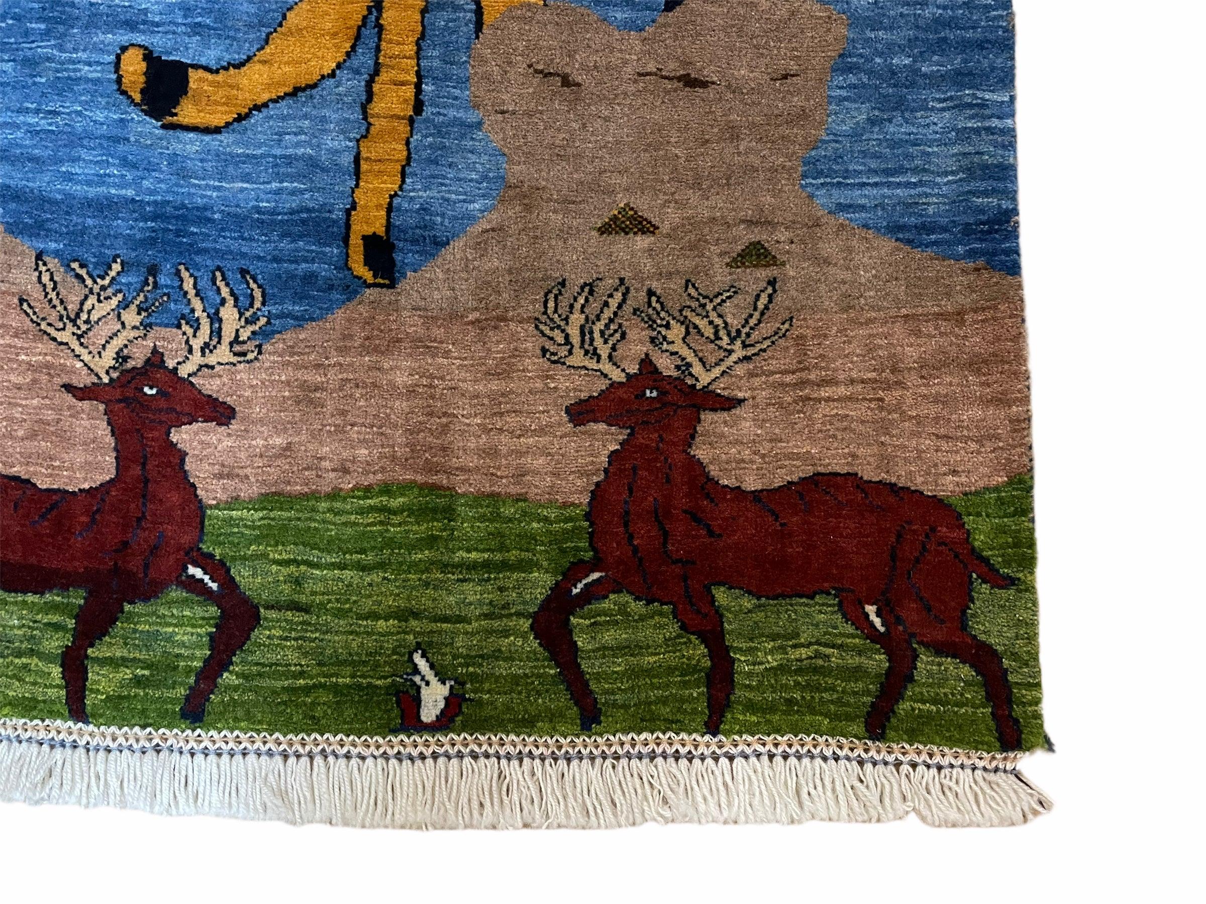 3 x 5 Handmade New Vintage Wool Blue Rug Leopard Lion Jaguar Deer Organic Dyes