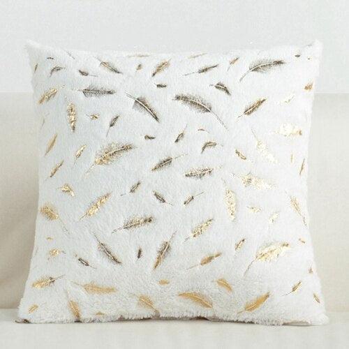 Fur Cushion Cover Pillowcases Solid Color White Gray Pink Red Black Decorative Christmas Throw Pillow Covers Plush Faux Fur With Gold Feathers Gilding Cushion Covers Cases Soft Fuzzy Cute Pillowcase For Couch Bed