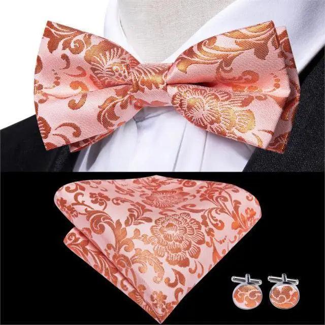 Green Color Silk Butterfly Pre-Tied Bow Tie Pocket Square Cufflinks Suit Set For Men Silk Adjustable Self Bowtie Formal Bowtie Set
