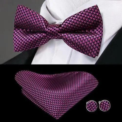 Green Color Silk Butterfly Pre-Tied Bow Tie Pocket Square Cufflinks Suit Set For Men Silk Adjustable Self Bowtie Formal Bowtie Set