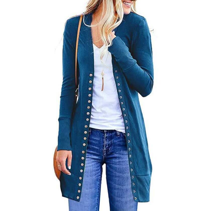 Halife Women's Long Sleeve Snap Button Down Knit Ribbed Neckline Cardigan Sweater