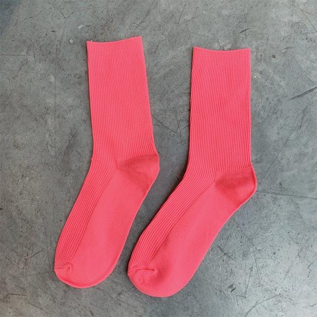High School Girls High Socks Solid Colors Double Needles Knitting Cotton Long Socks for Women
