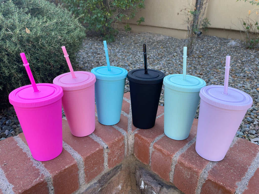 Pastel Cup Blank Cups Tumblers, 16 oz Matte Tumblers, Double Wall Acrylic Tumbler With Straw and Screw Lid BPA Free Pink, Blue, Purple, Mint