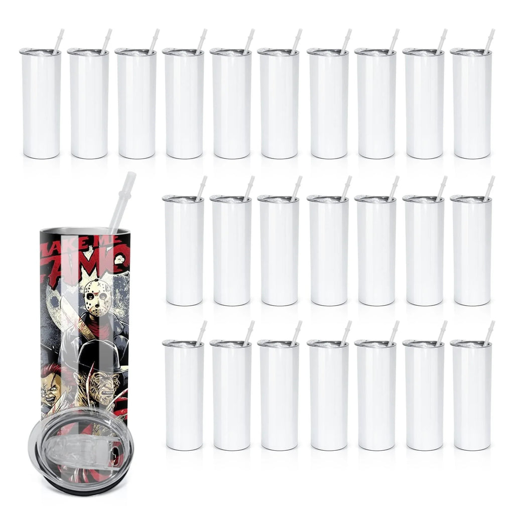 Sublimation 25 Pack 20oz Blank Gloss or Matte White Straight Stainless Tumblers Tumbler Coffee Cup w/straw, & box